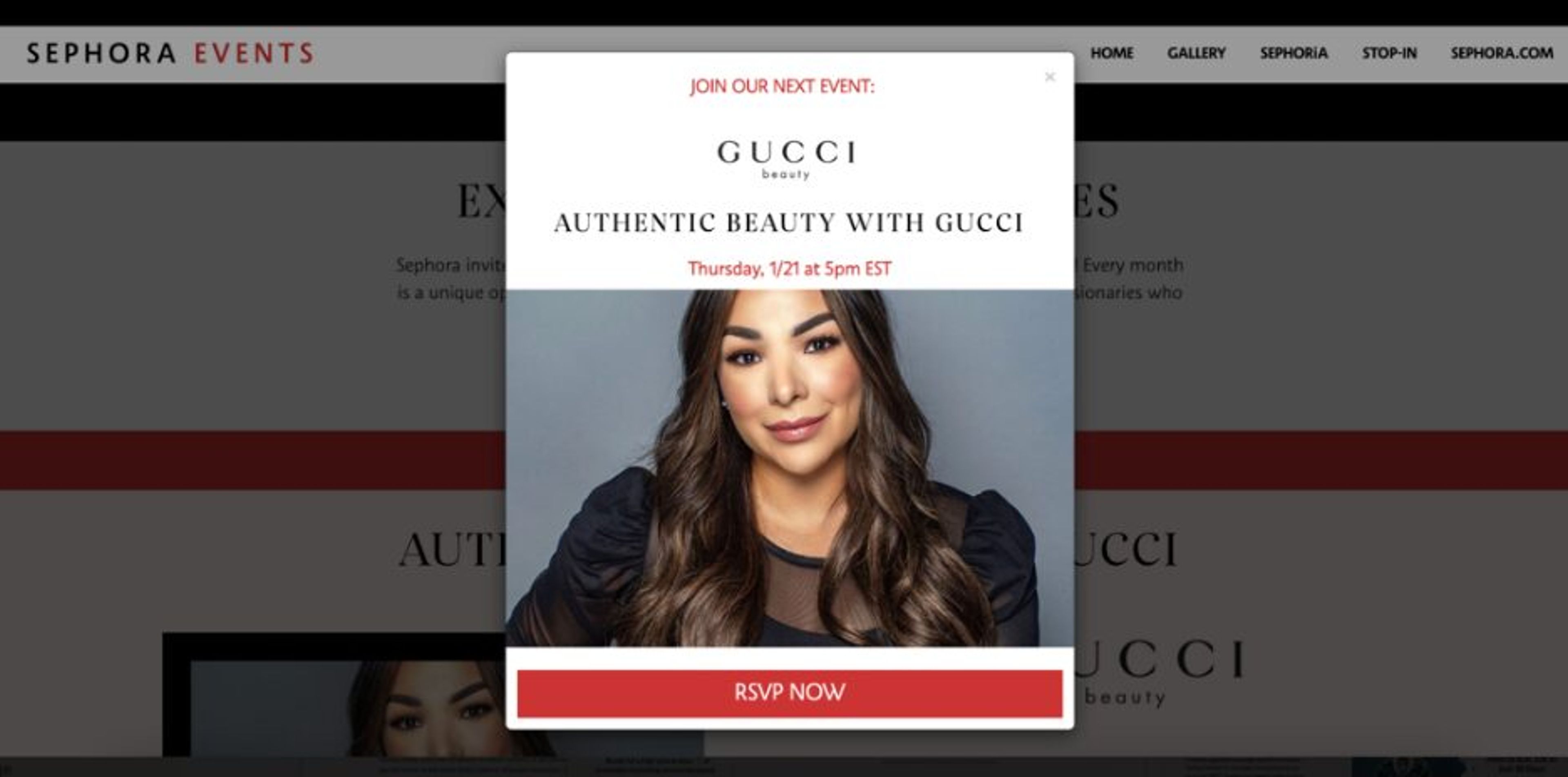 Sephora announcement popup promoting a Gucci beauty event.