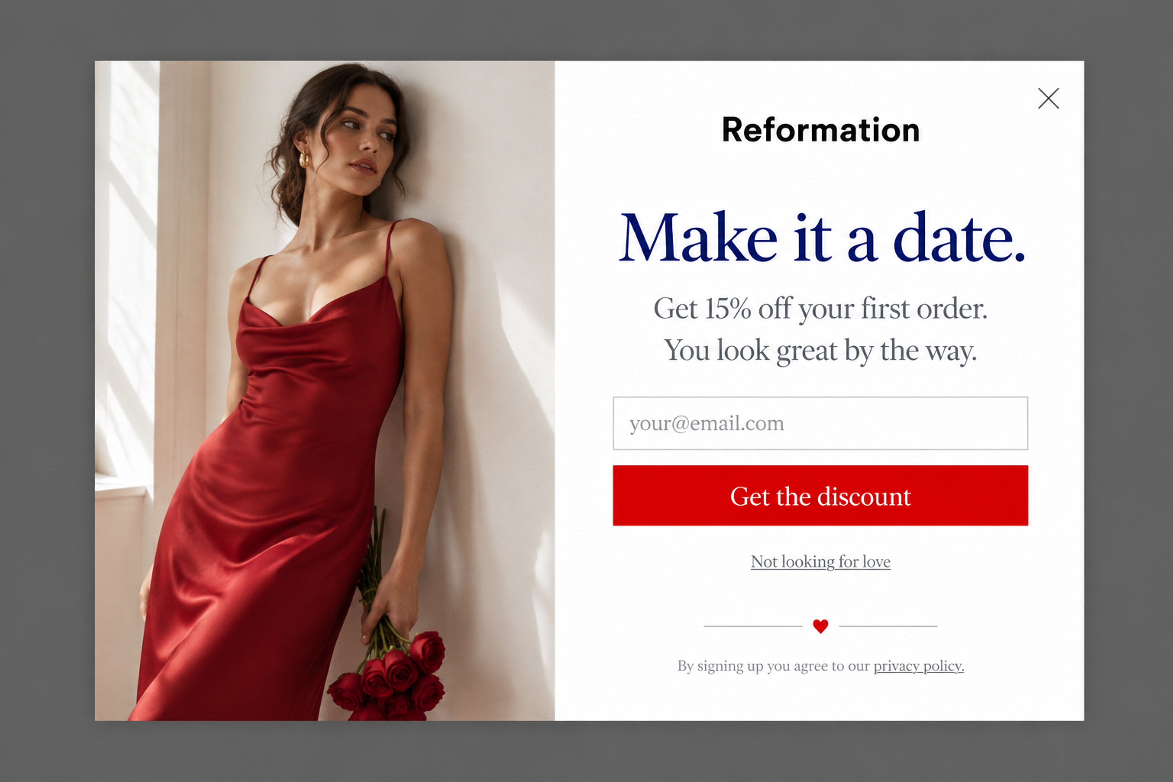 Fashion welcome popup with the headline "Make it a date." and 15% off the first order