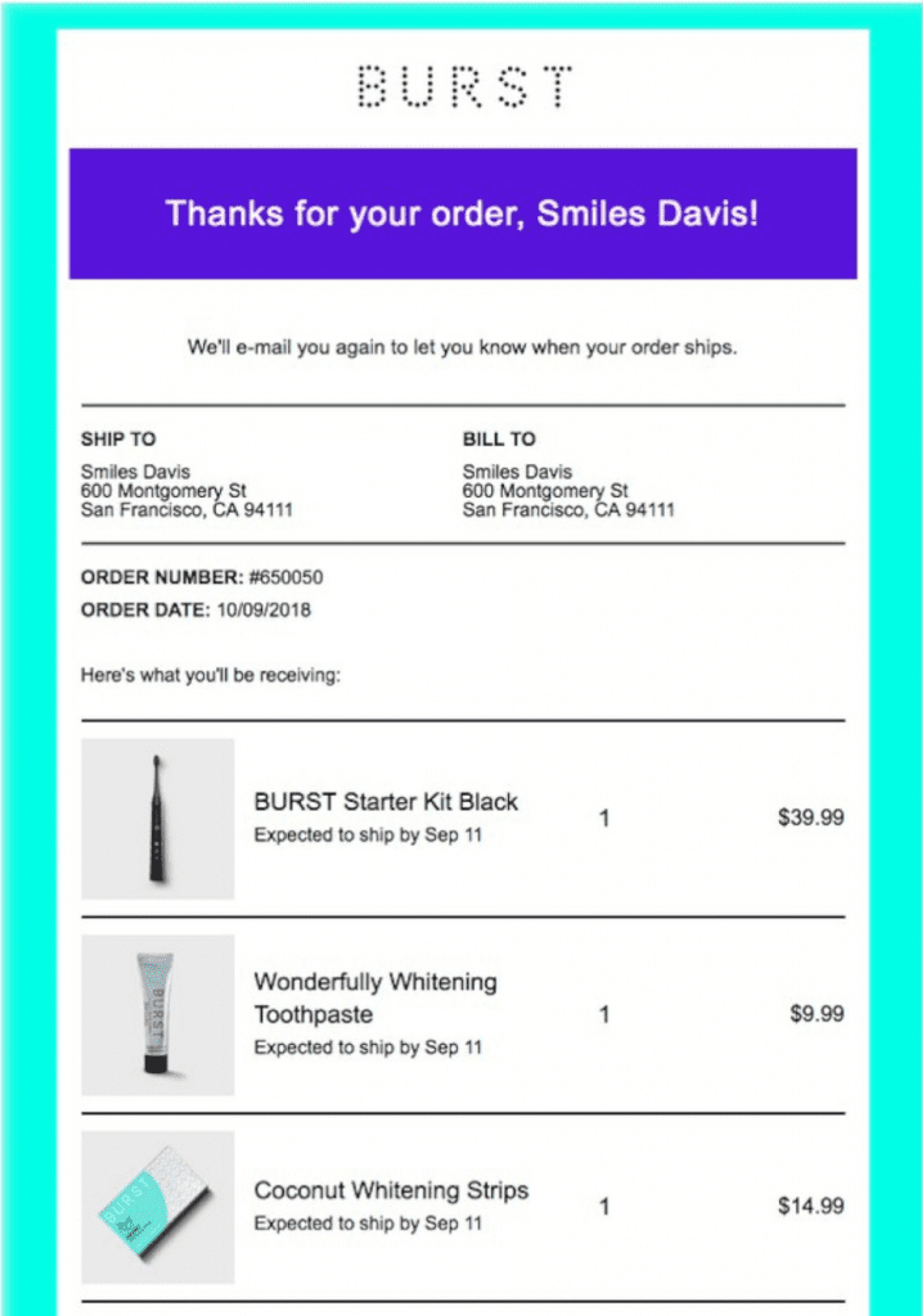 Shipping confirmation email example from Burst