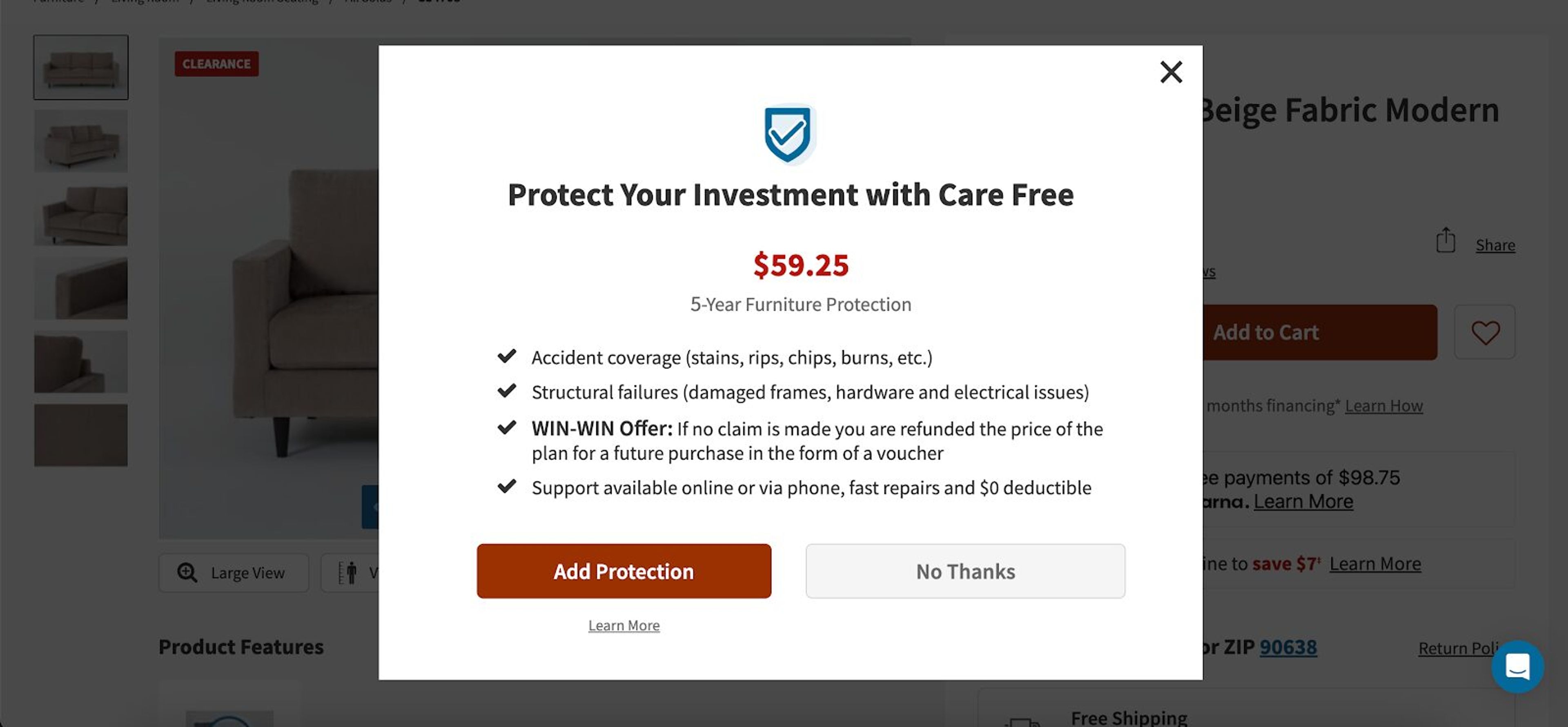 Living Spaces encouraging customers to purchase an added protection.