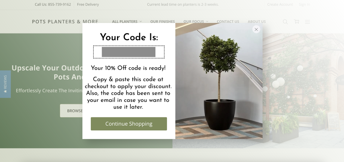 Pots, Planters &amp; More conversational email popup