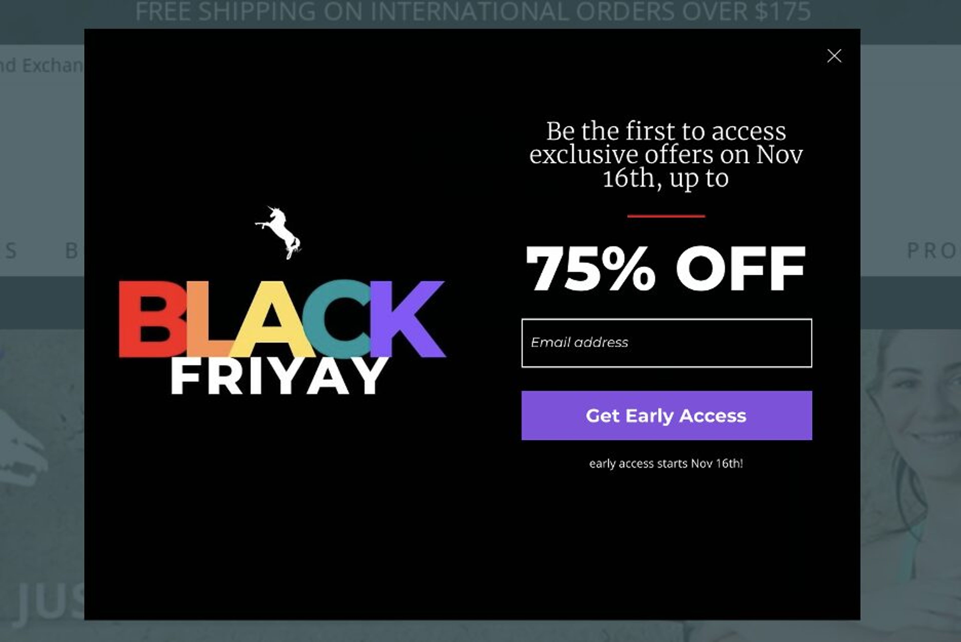 WodBottom Black Friday popup offering 75% off and early access.