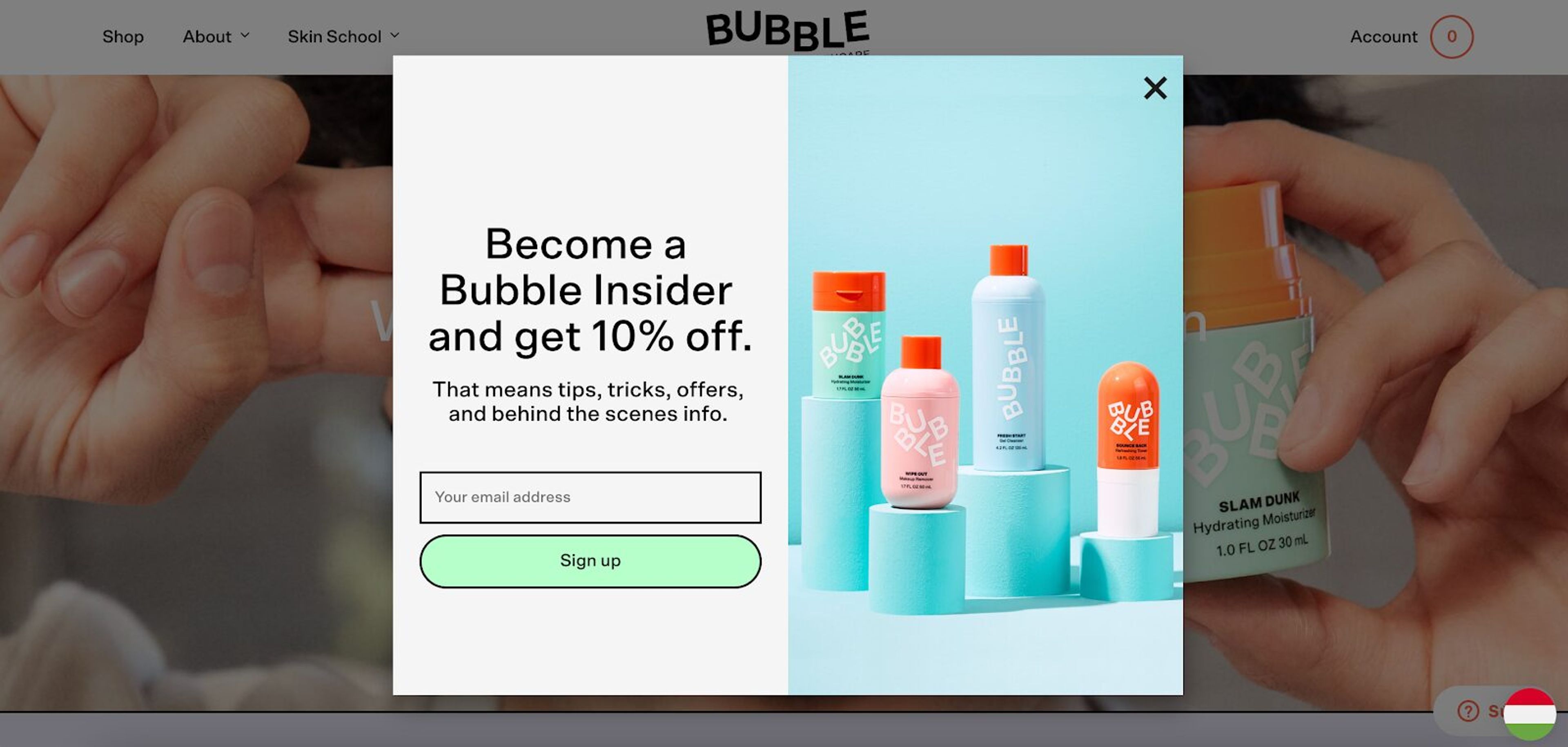 Bubble Skincare collecting both email and SMS signups on their website.