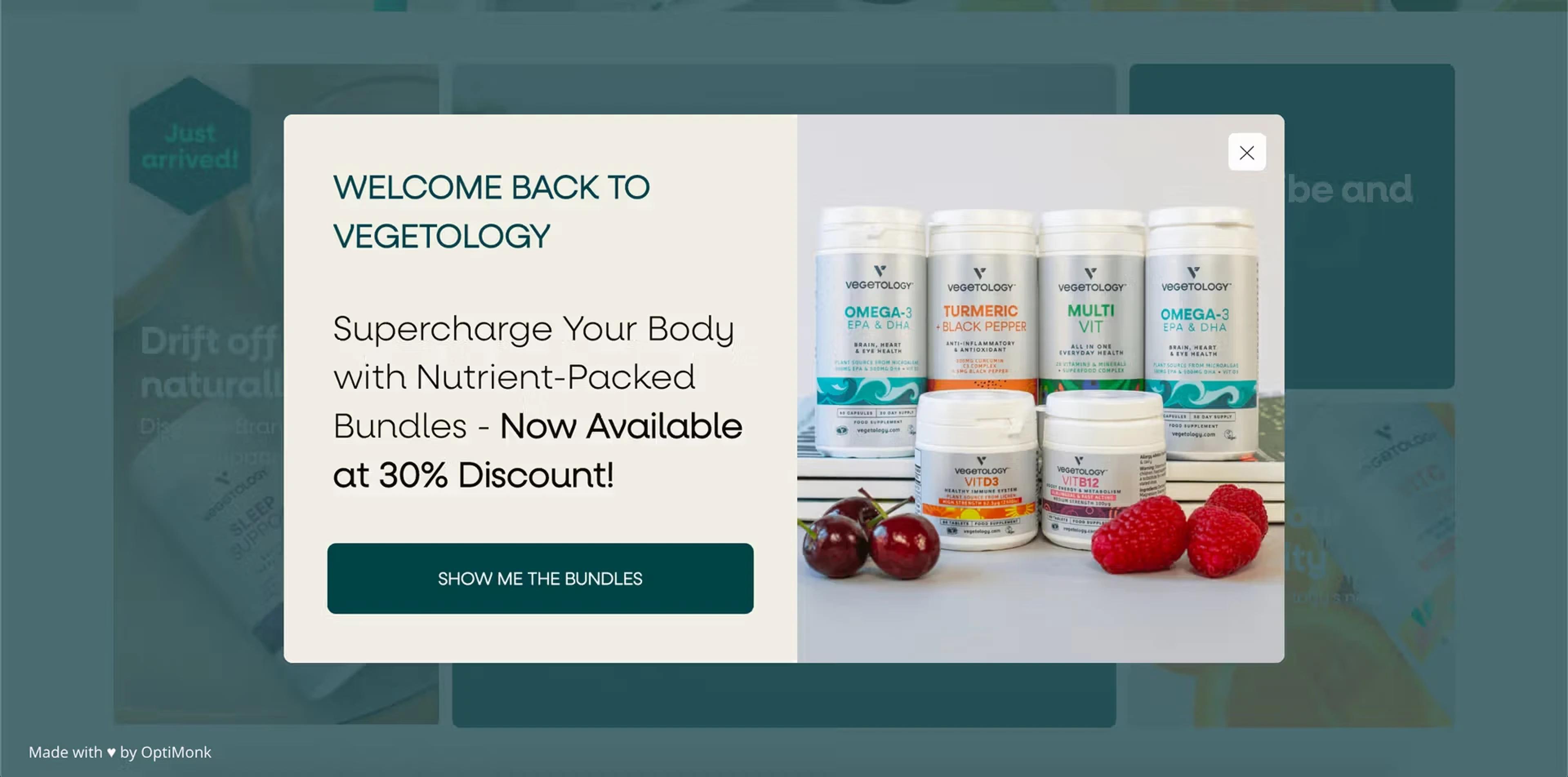 Vegetology popup saying Welcome back to Vegetology with supplement bundles at 30% off and a Show me the bundles button