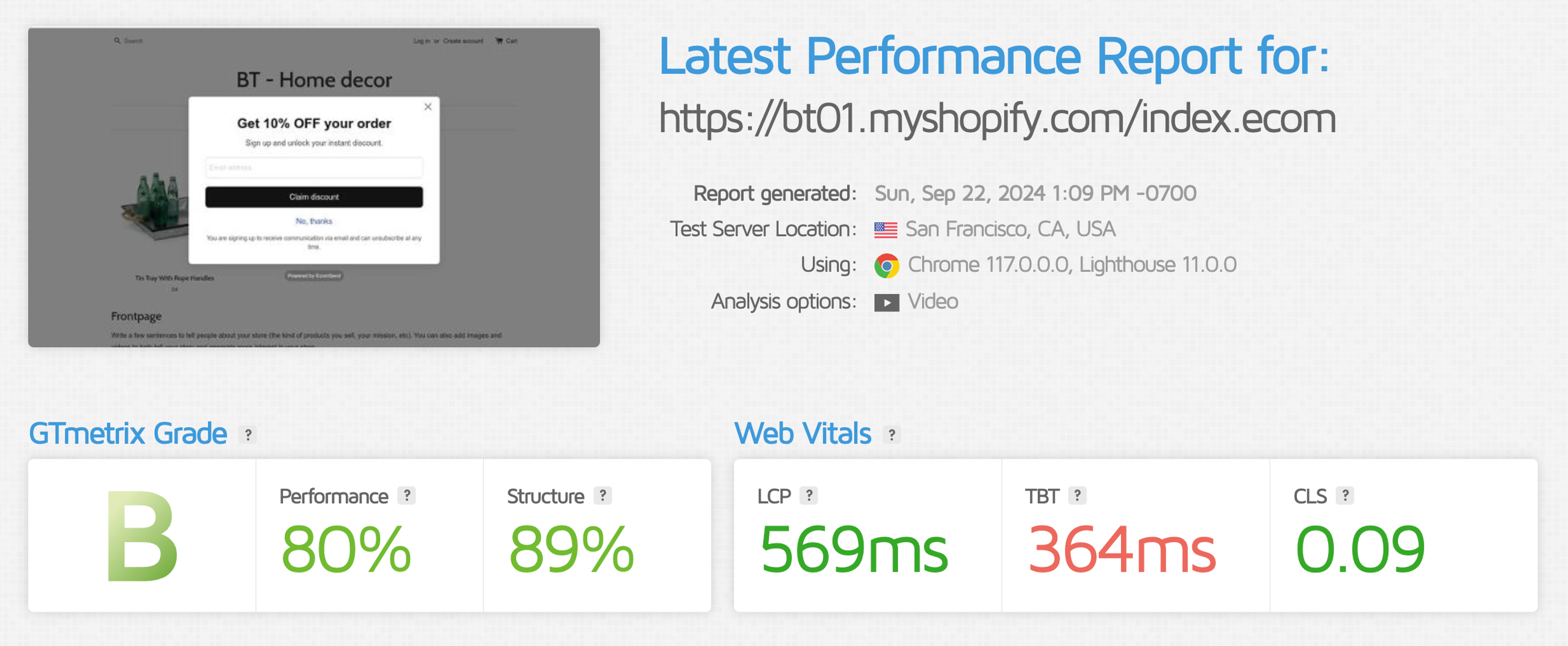 Ecomsend GTMetrix page speed results