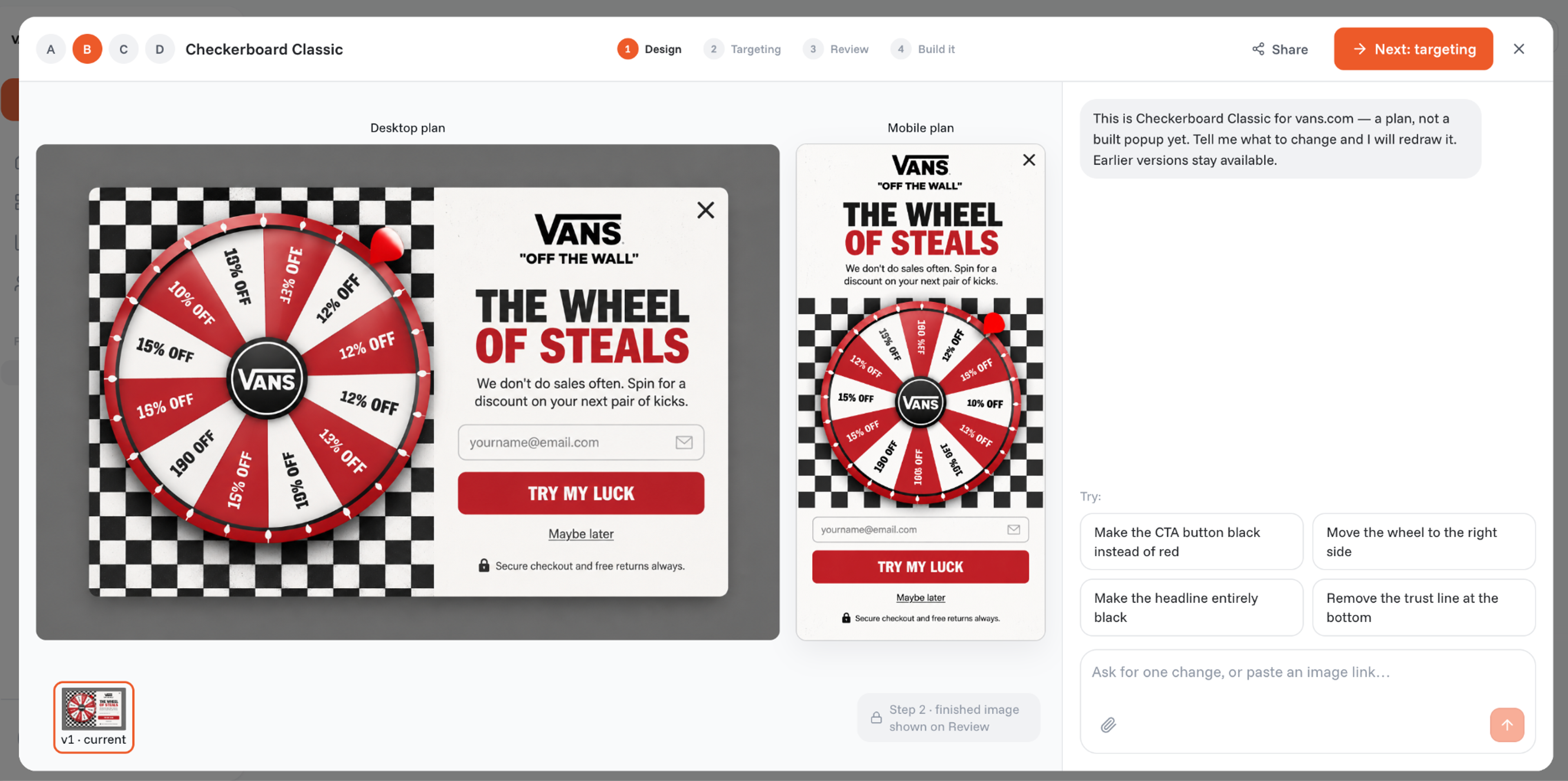 Desktop and mobile versions of a Vans spin-to-win popup in the OptiMonk editor