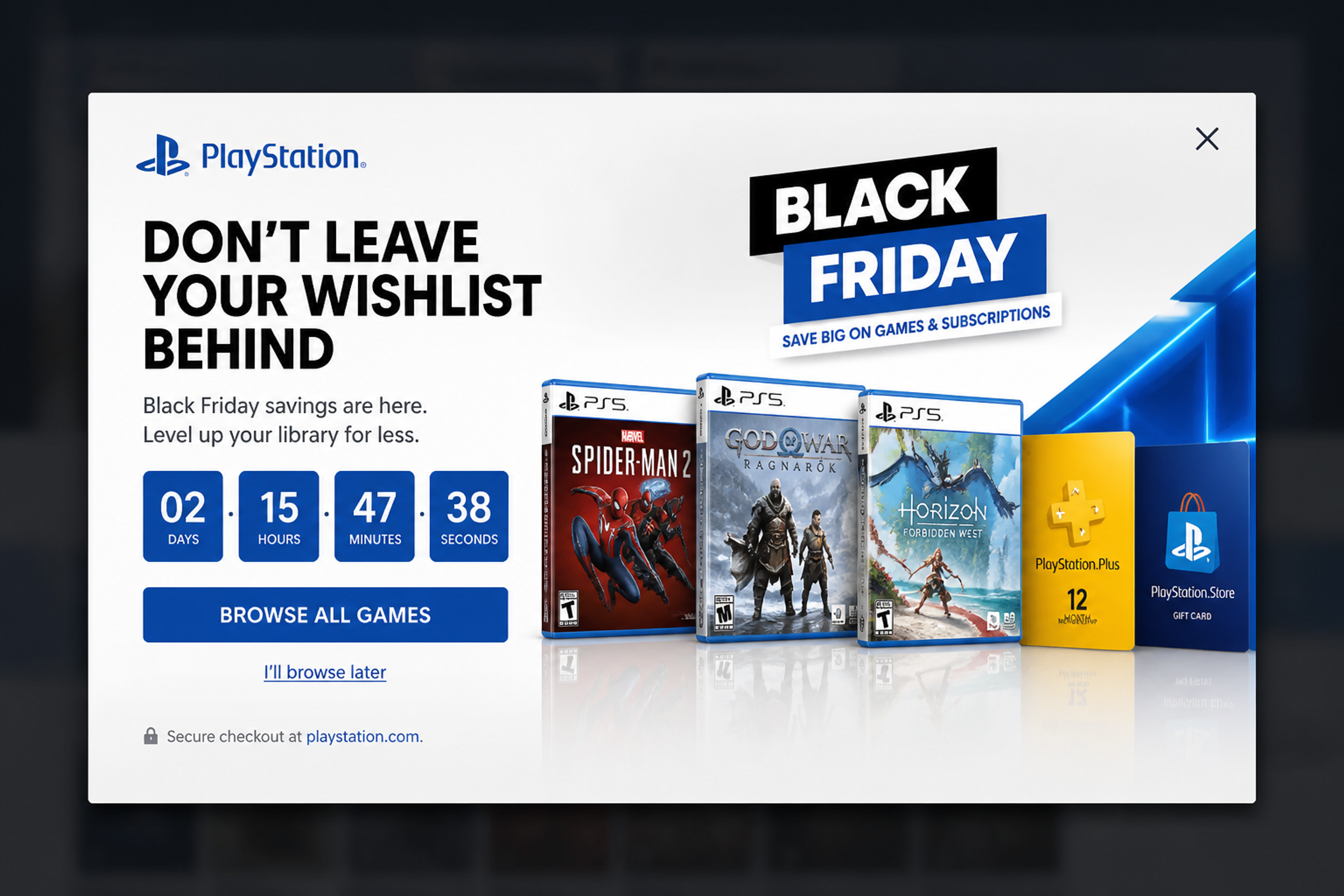 Black Friday exit-intent popup with a row of game covers and the headline Don't leave your wishlist behind