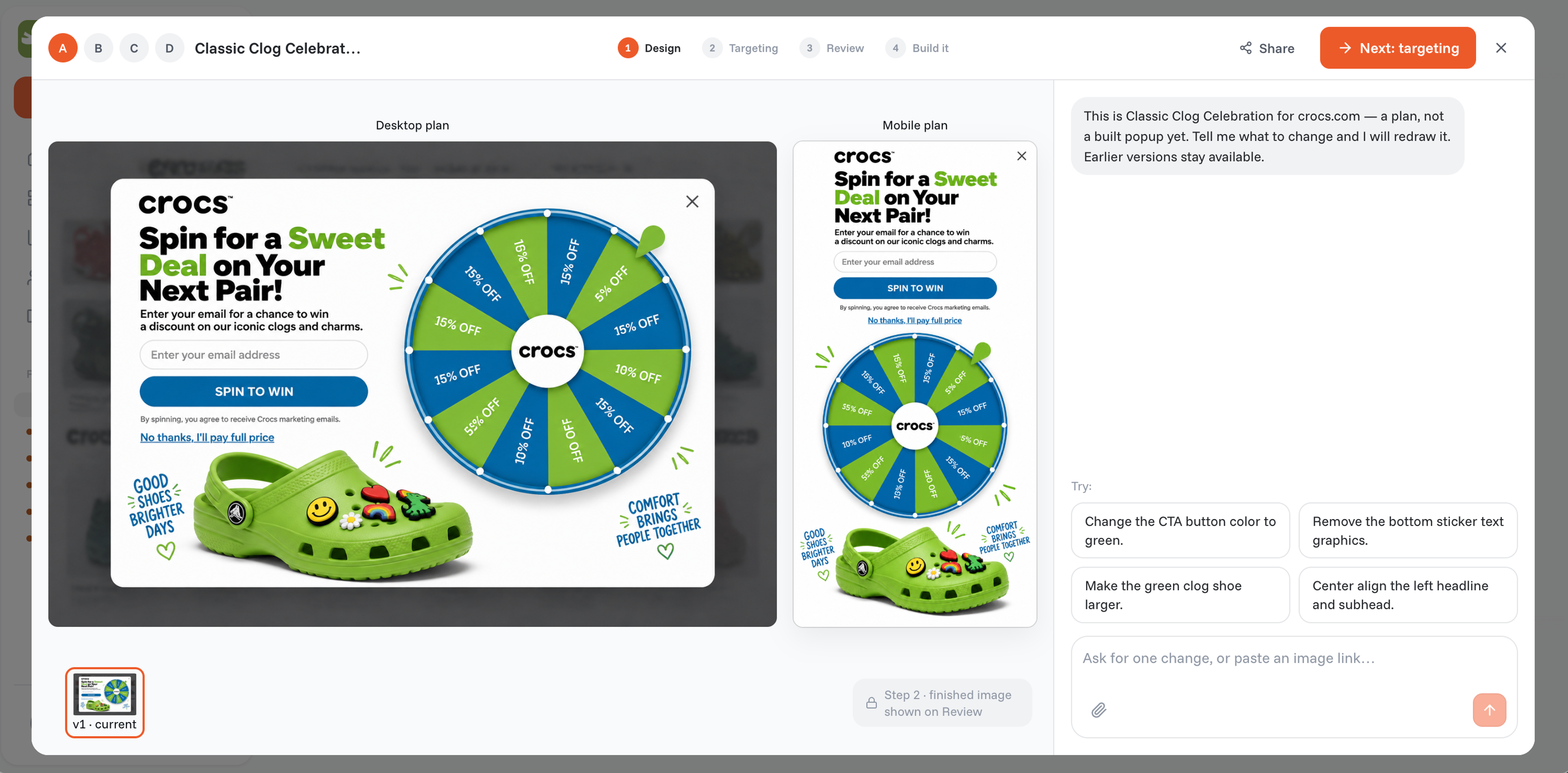 A lucky wheel popup with its mobile version, designed by the OptiMonk agent