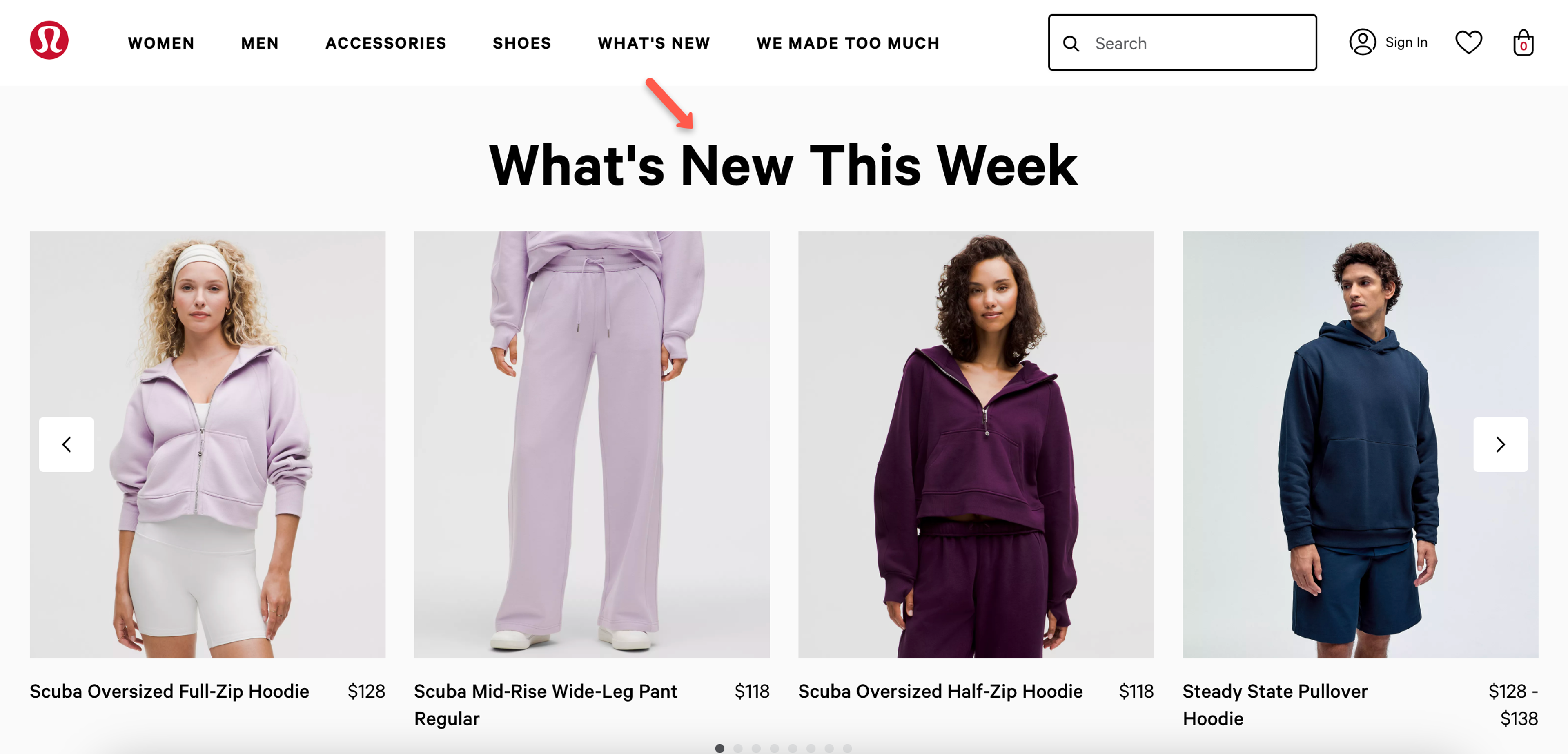 Lululemon website example using words that sell