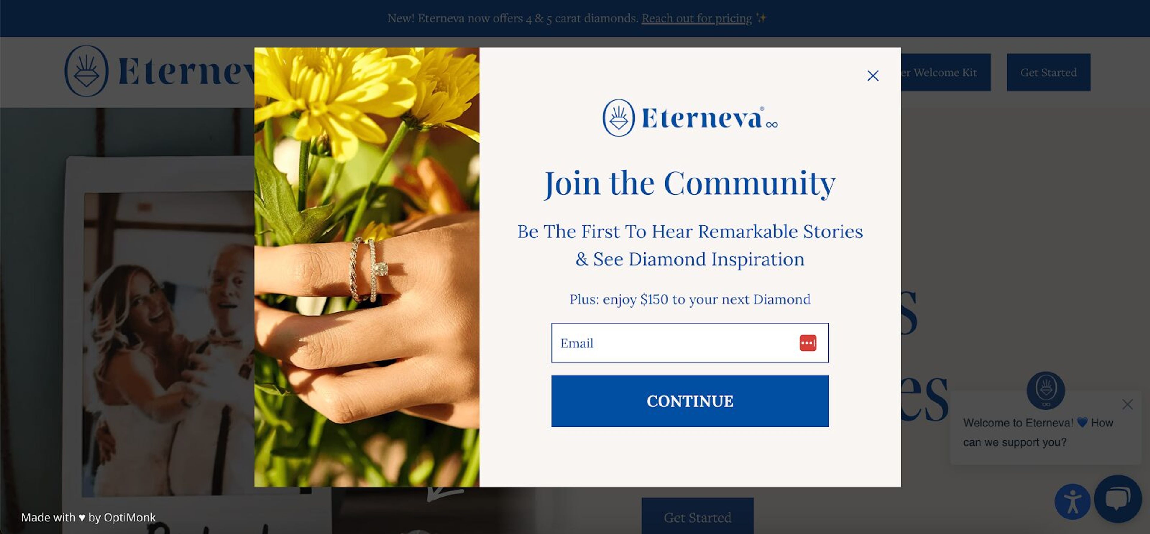 Eterneva’s popup invites users to join their community with stories and a $150 discount, collecting emails.