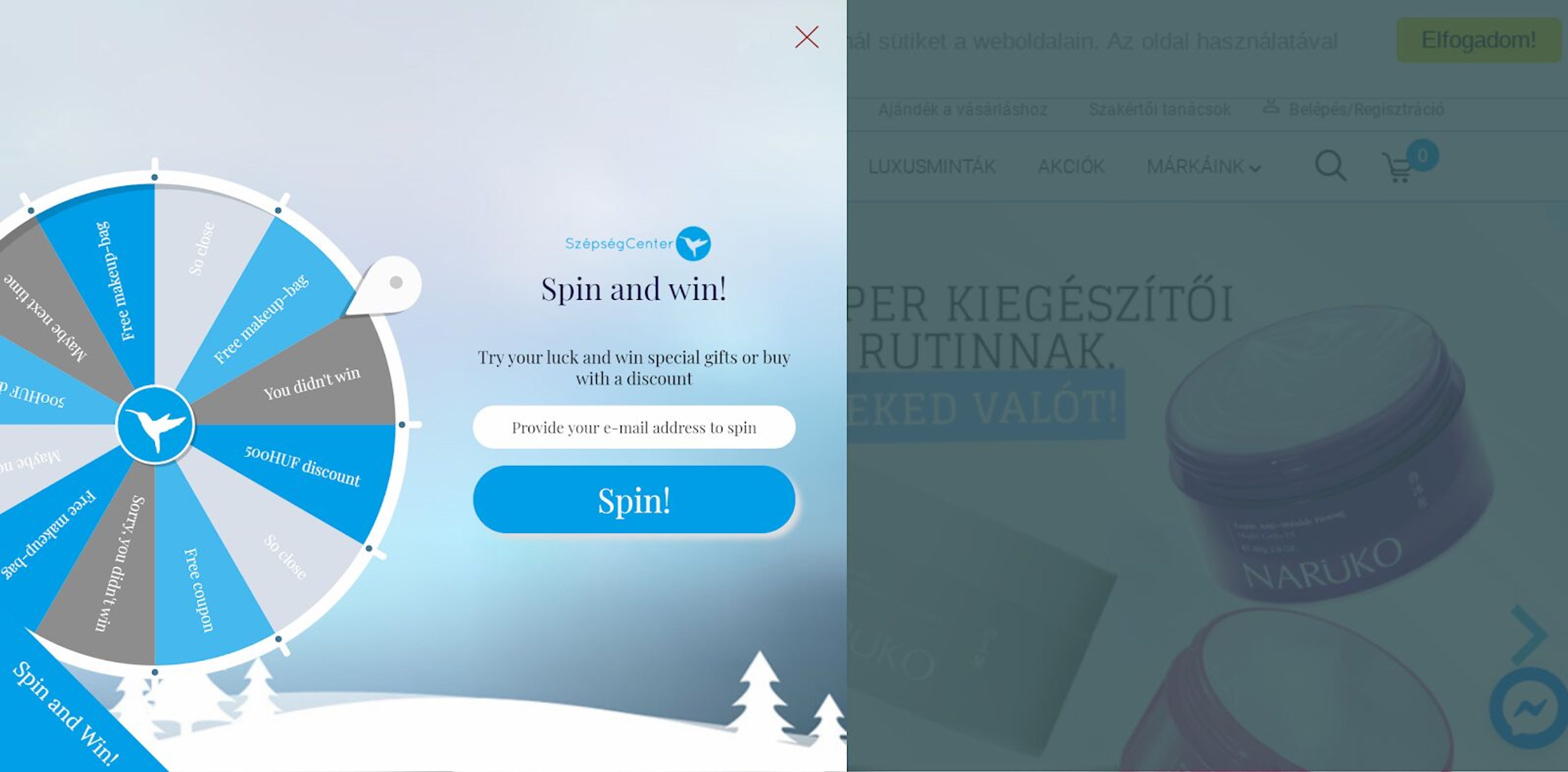 SzépségCenter's glamorous spin-the-wheel popup offering beauty product discounts and free shipping.