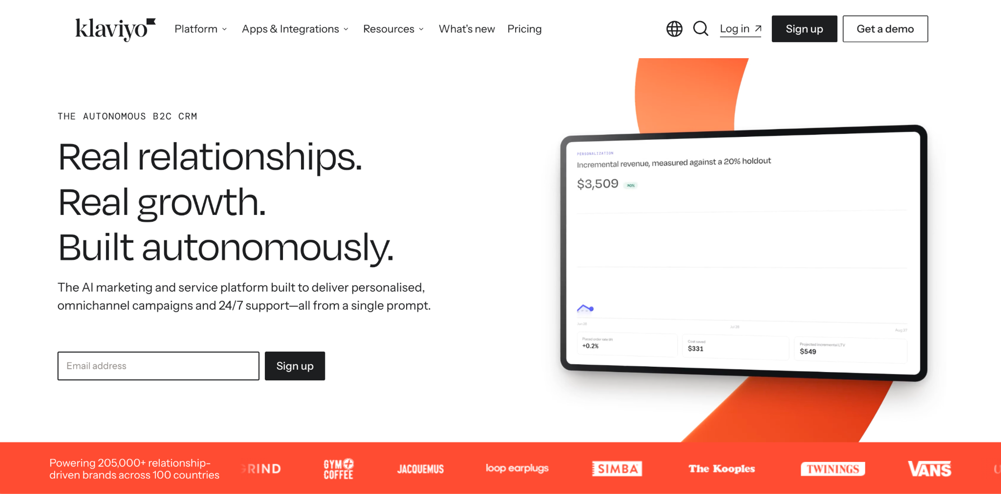 Klaviyo homepage with an email sign-up field