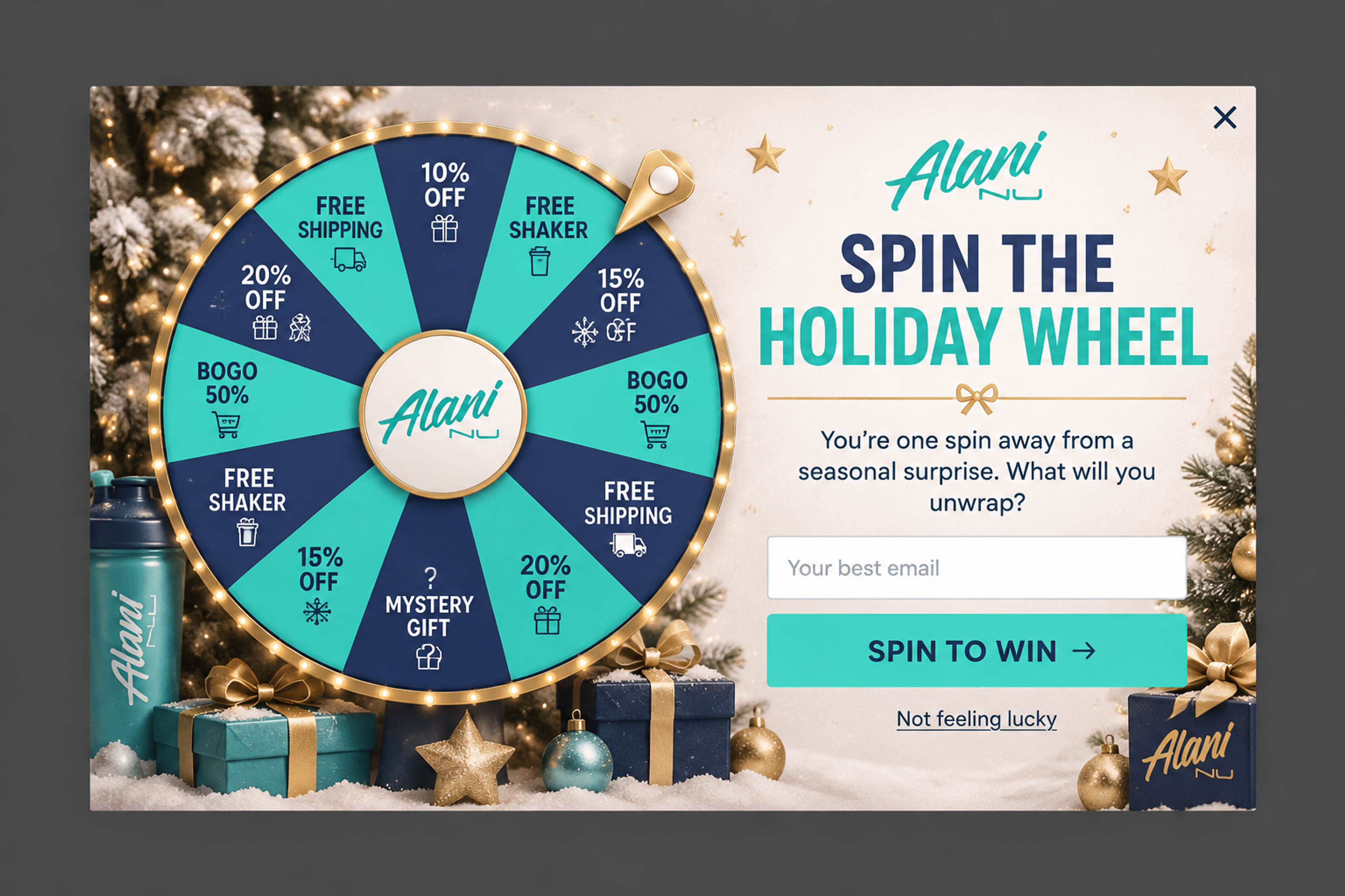 Christmas spin-to-win wheel popup with discounts and free shipping prizes