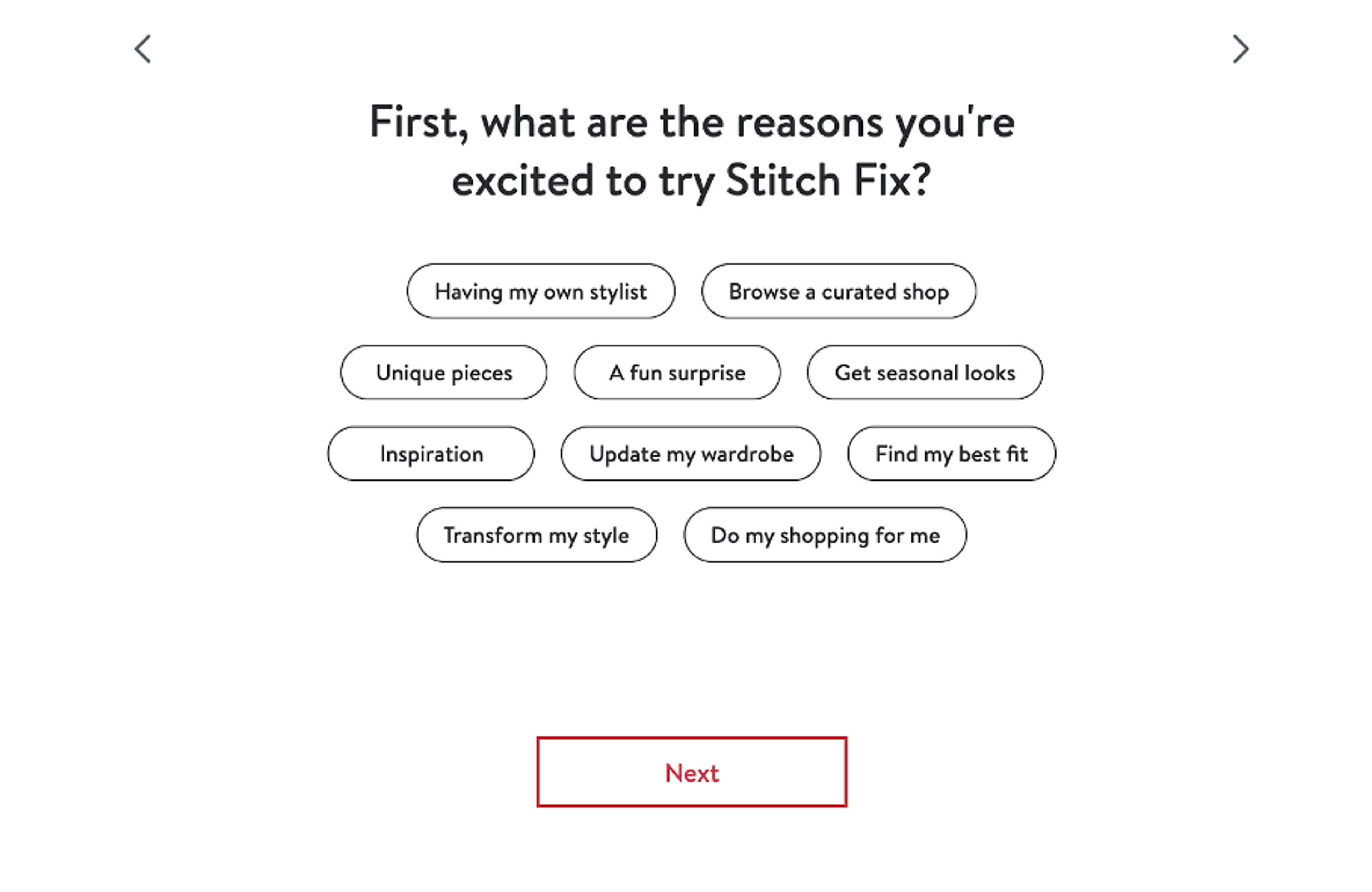 A quiz funnel from Stitch Fix and quiz answer options