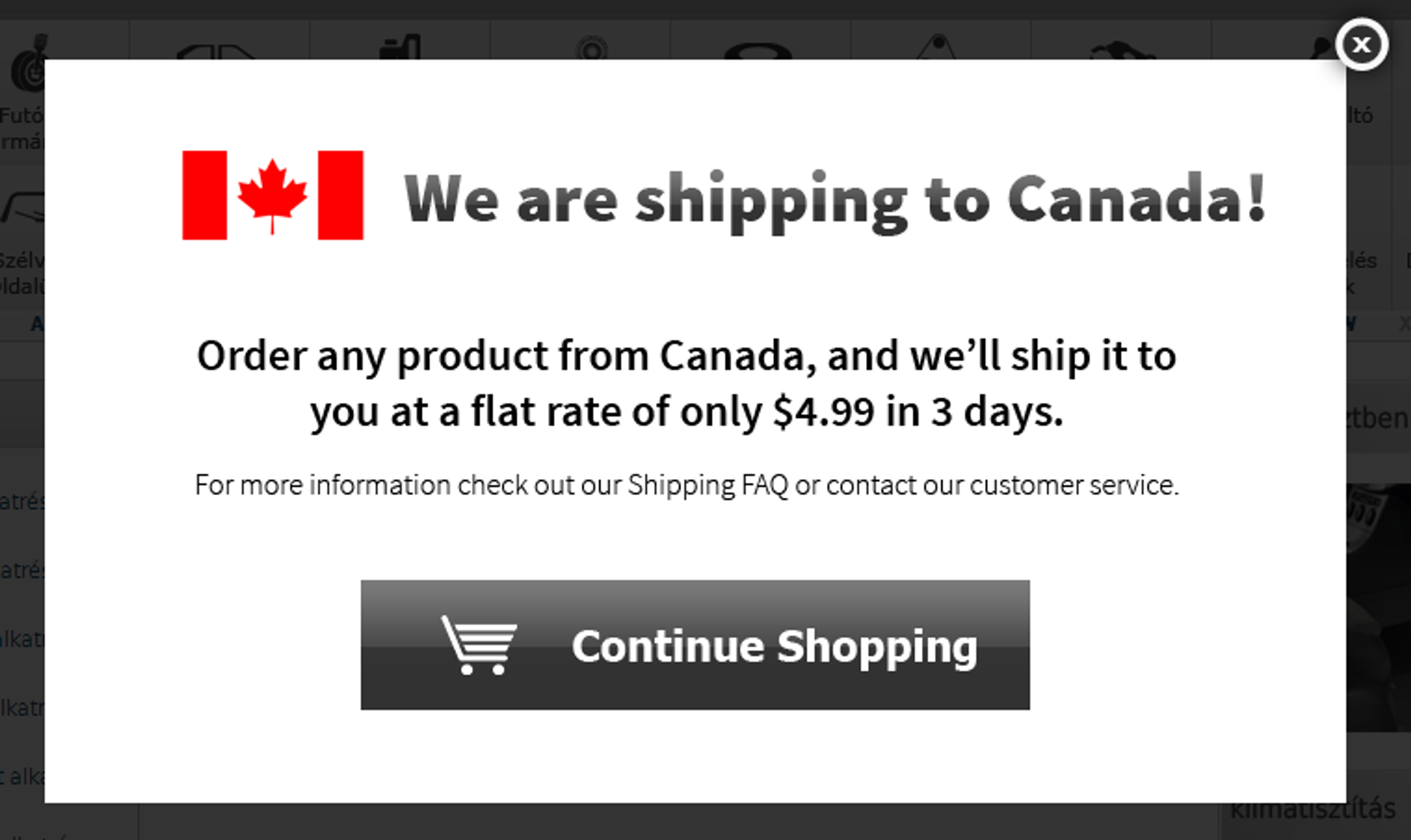 Localized shipping information popup