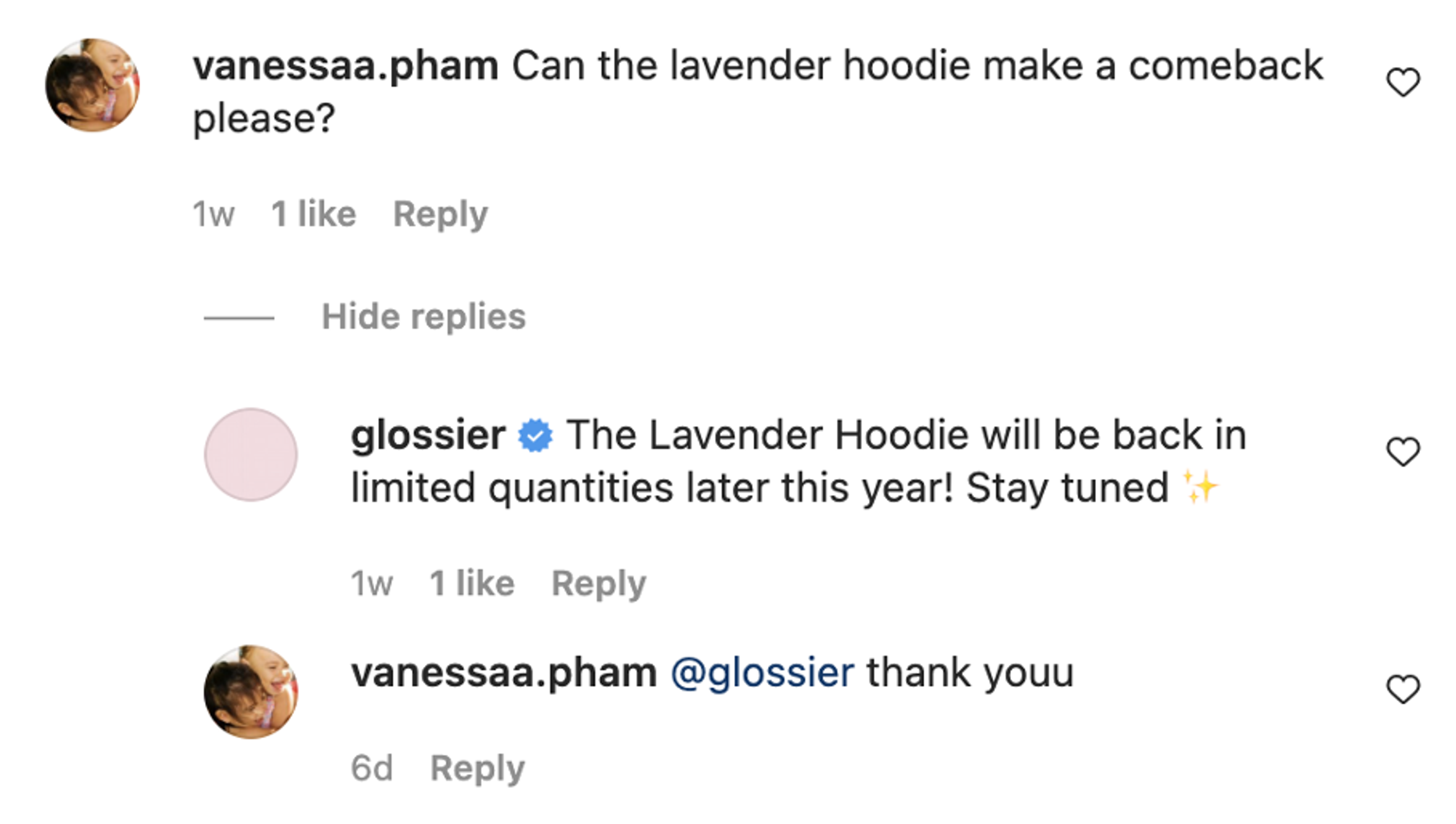 Glossier engaging with a "Glossier girl" on Instagram