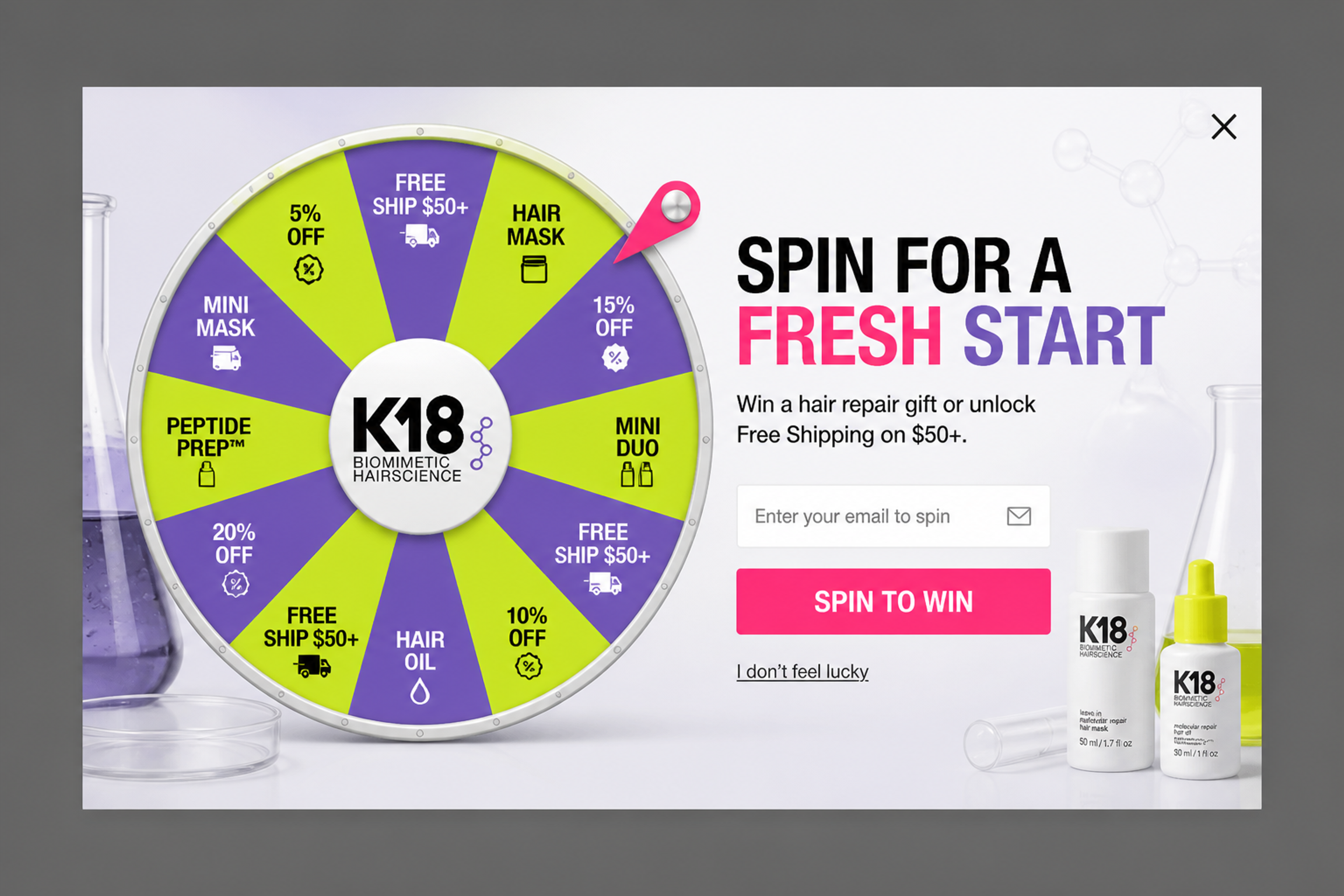 Spin-to-win wheel popup with hair care gifts and free shipping prizes, email field to spin