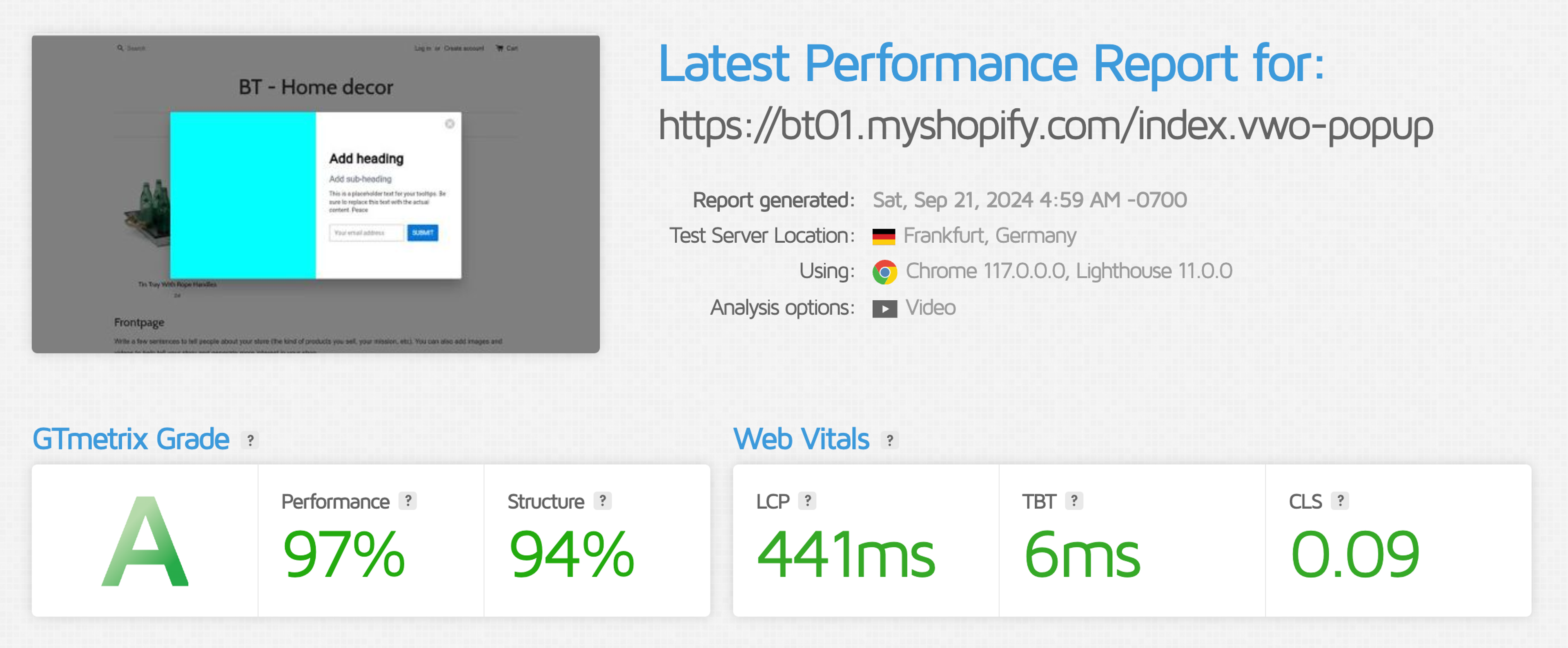 VWO GTMetrix page speed results