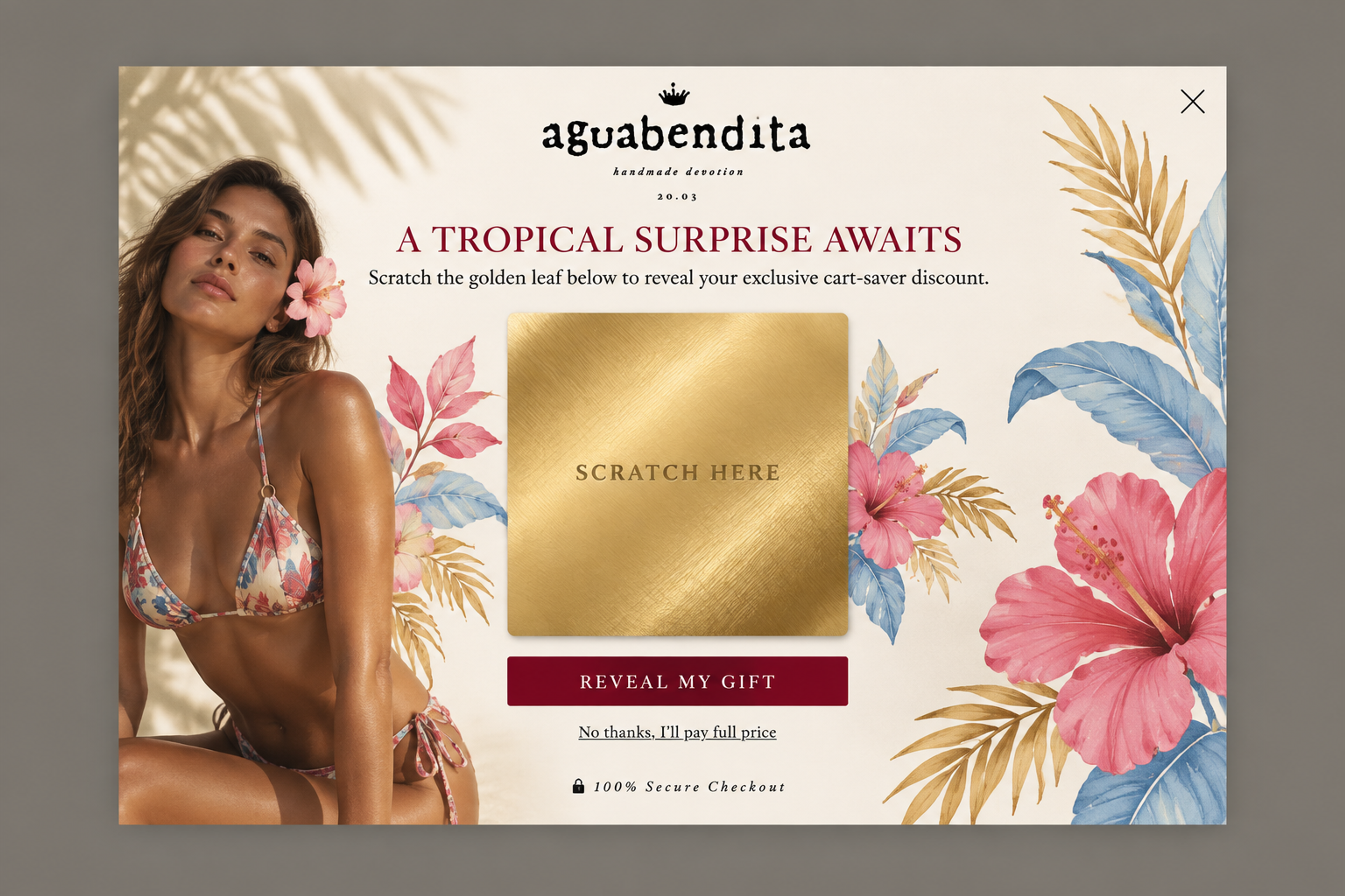 Exit-intent scratch card popup with a gold scratch area framed by tropical flowers