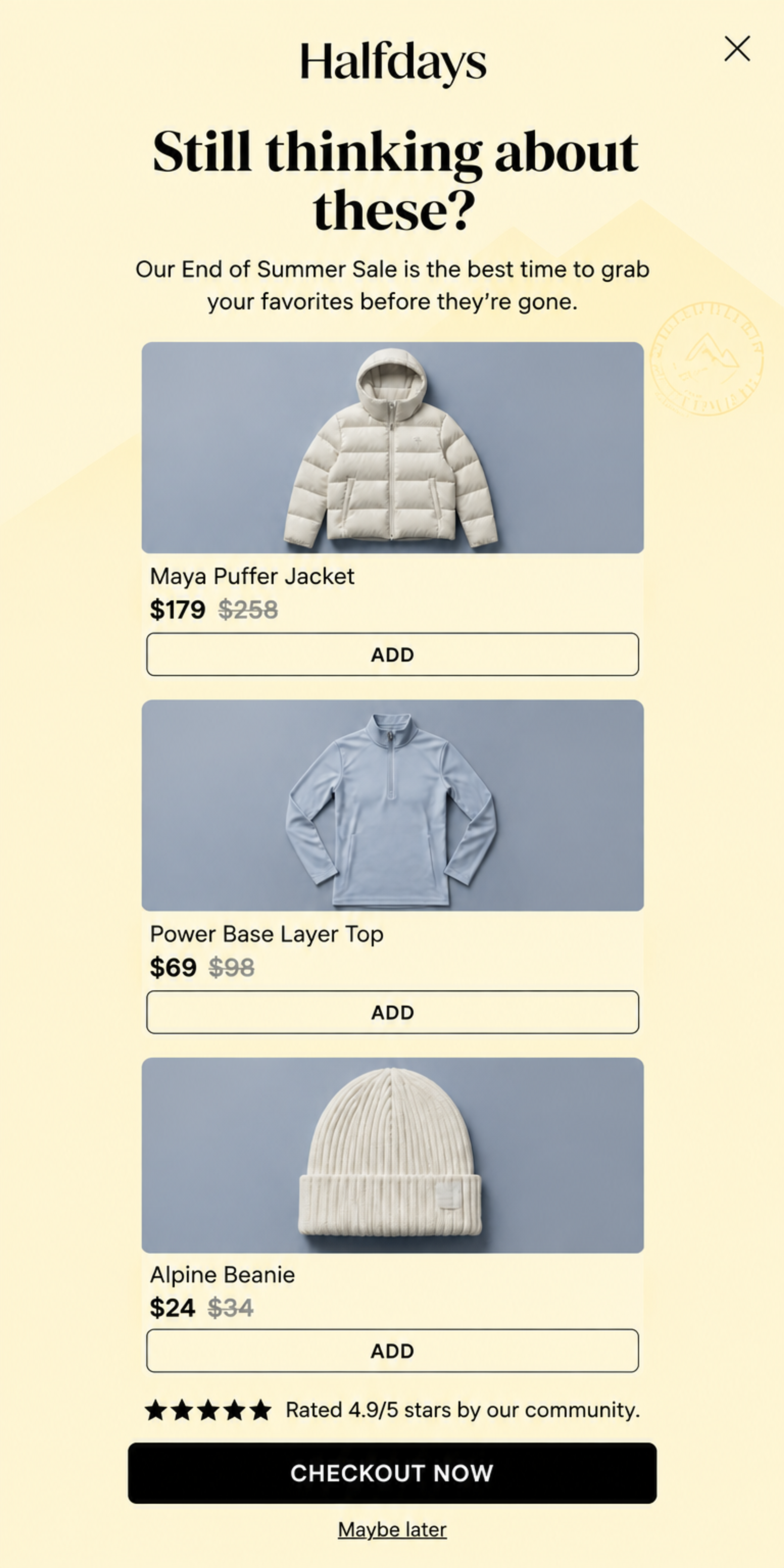 Mobile version of The Perfect Set Recommendation popup designed for Halfdays