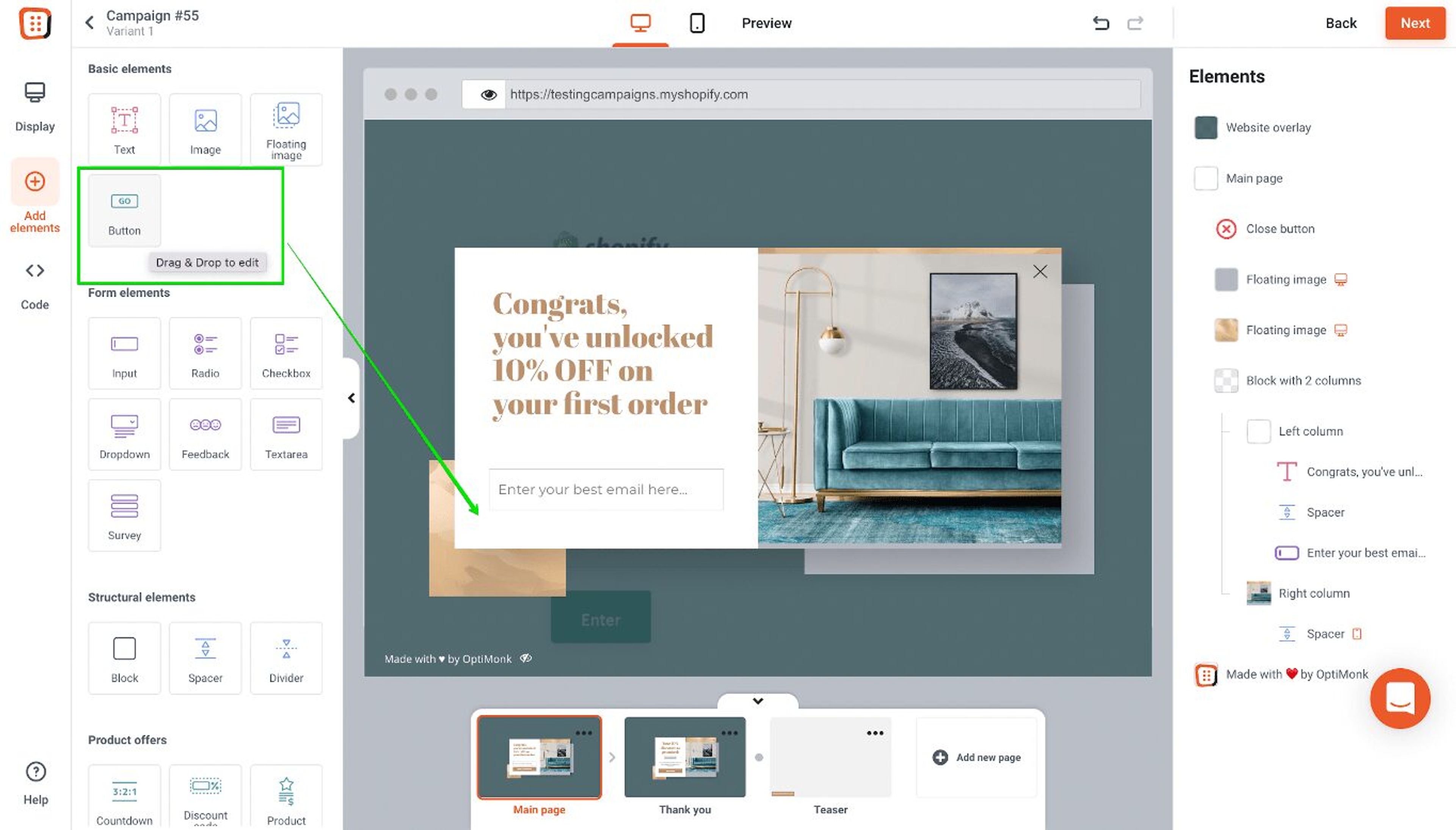 OptiMonk's no-code popup builder dashboard is a great Popupsmart alternative