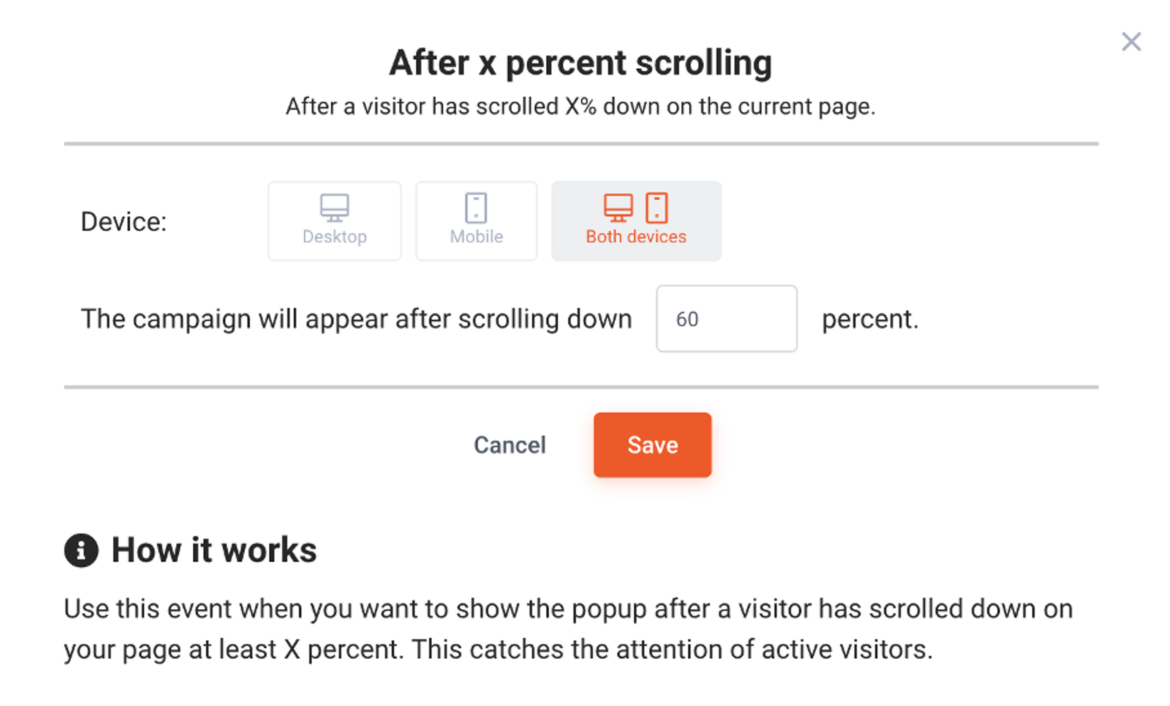Trigger a scroll-based pop-up when visitors have seen a certain percentage of a page