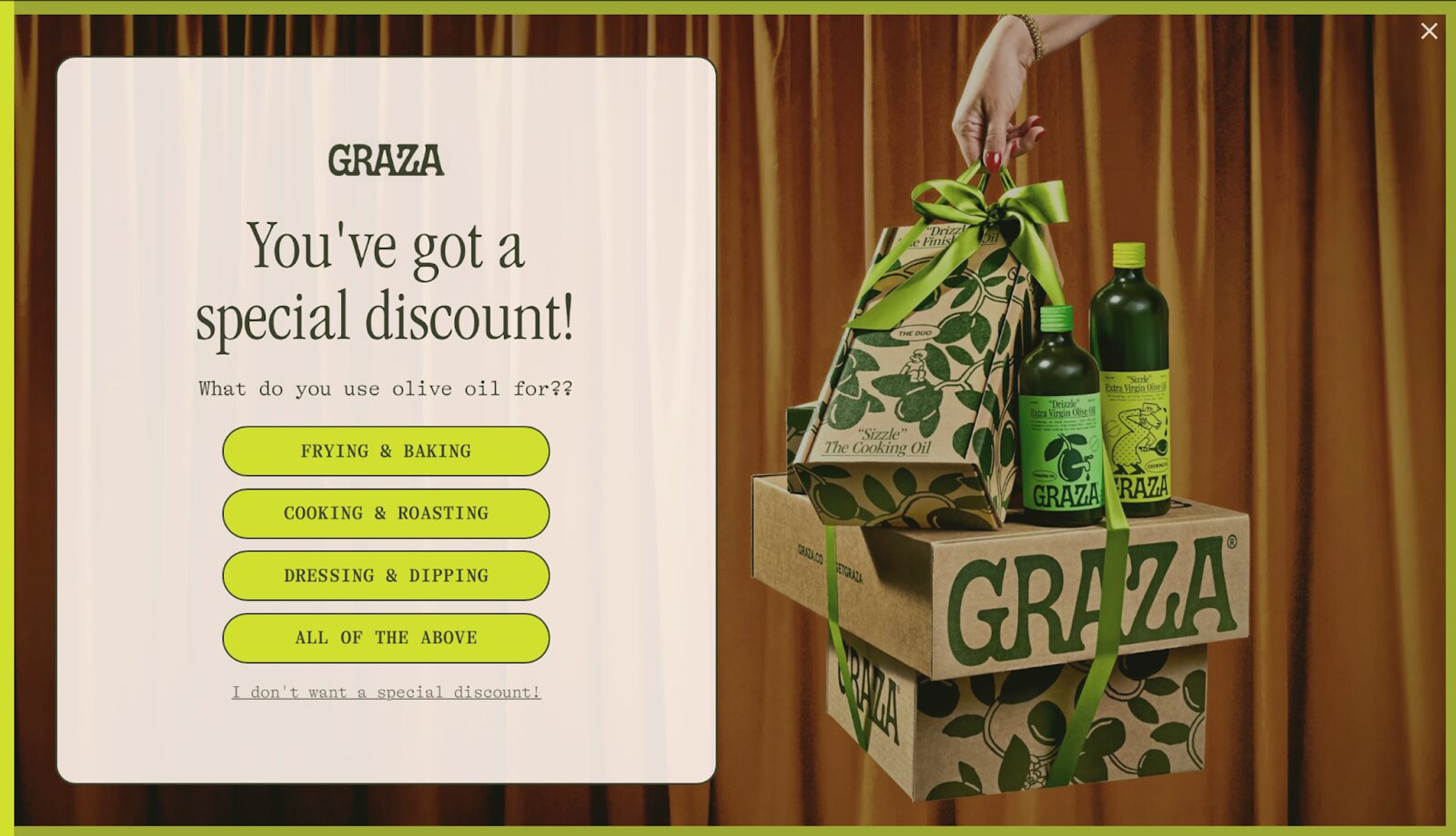 Graza uses a multi-step, full-screen popup for signup.