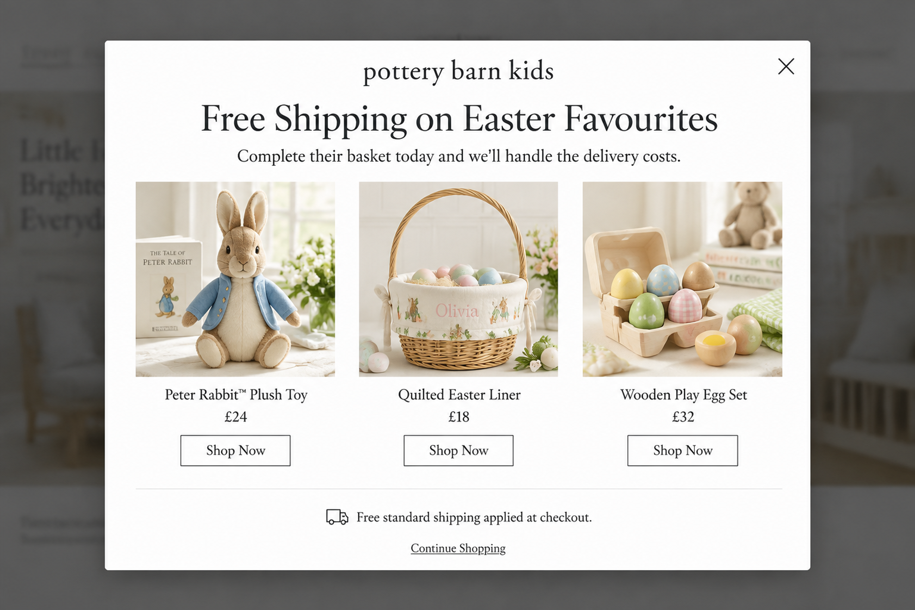 Easter popup with three gift products and a free shipping offer