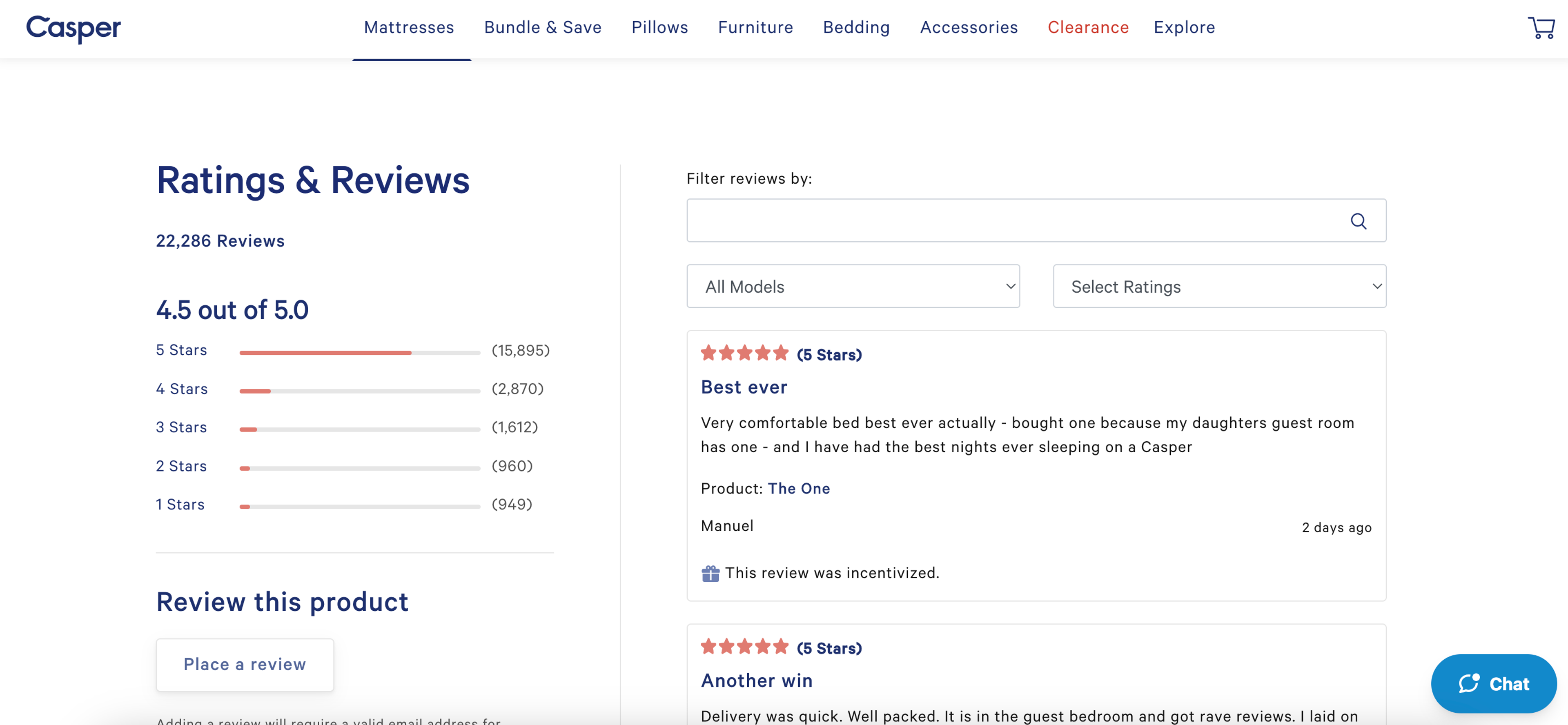 Casper product pages showing customer reviews