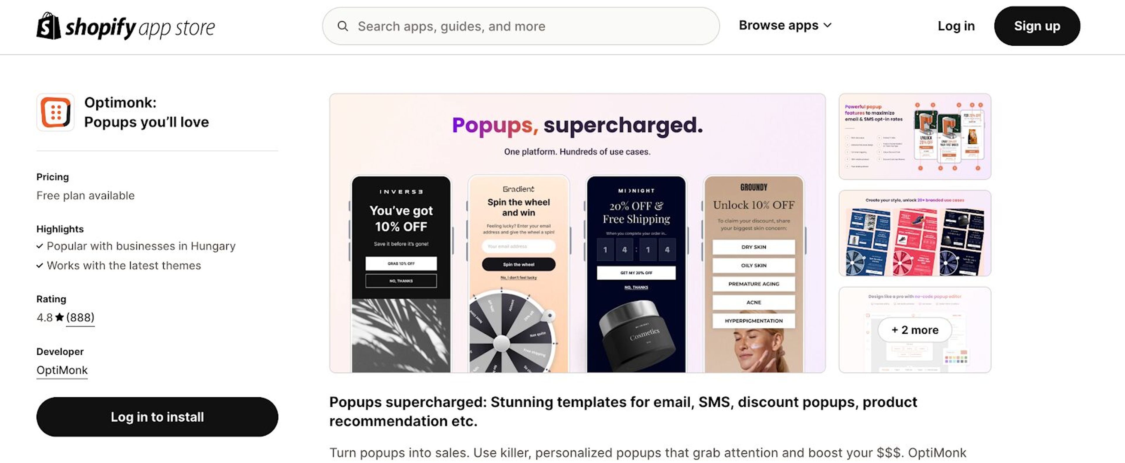 OptiMonk popup app in the Shopify App Store