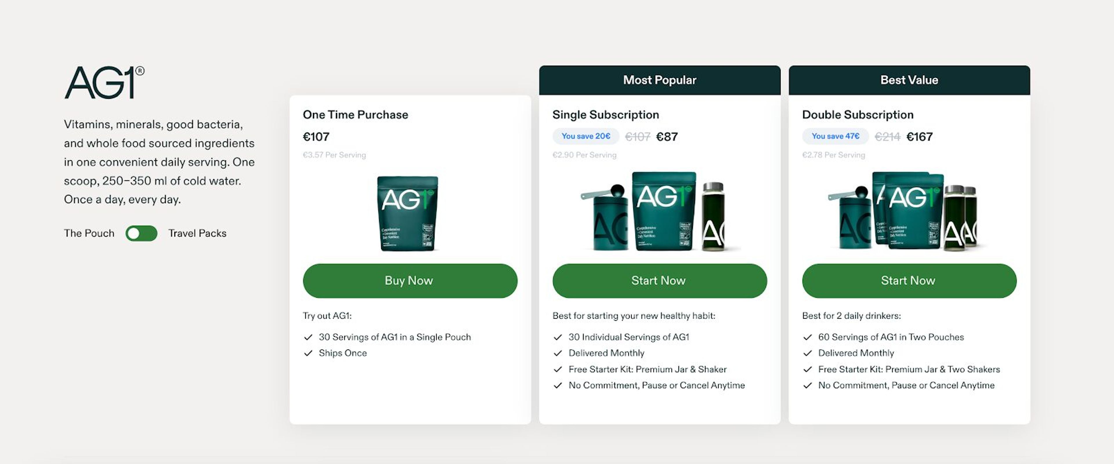 AG1 maintain consistency with color green on their landing page.