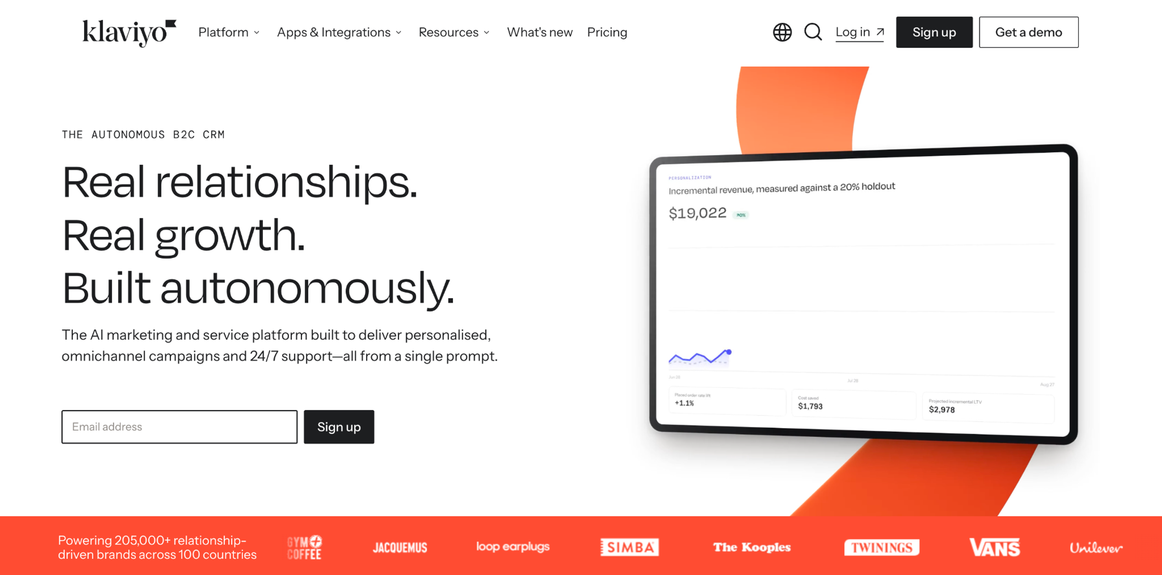 Klaviyo homepage with an email sign-up field