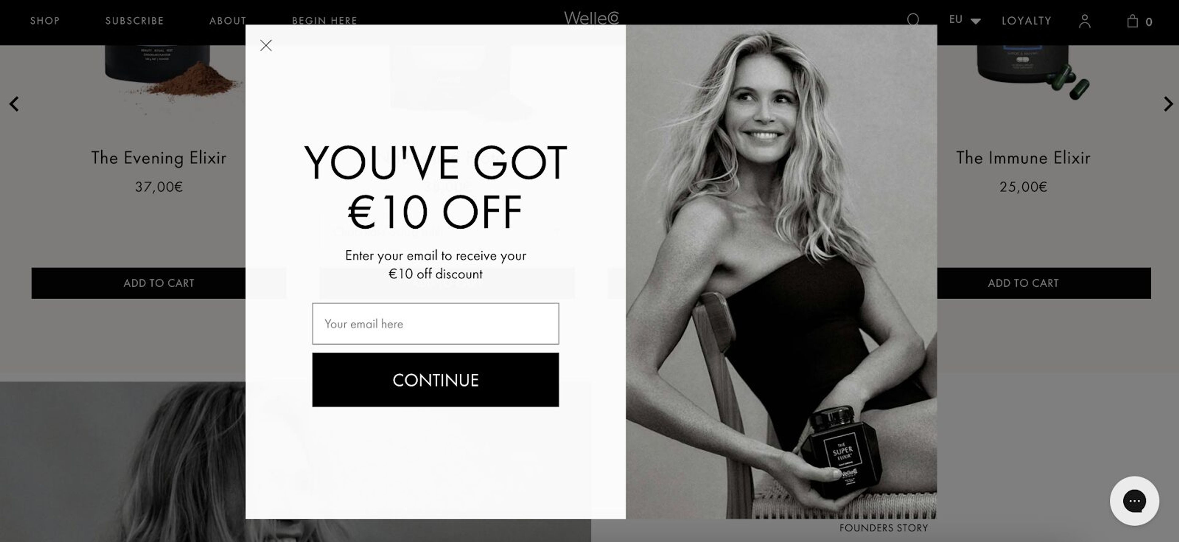 WelleCo signup process simple and effective, with a black and white popups that catches the eye.