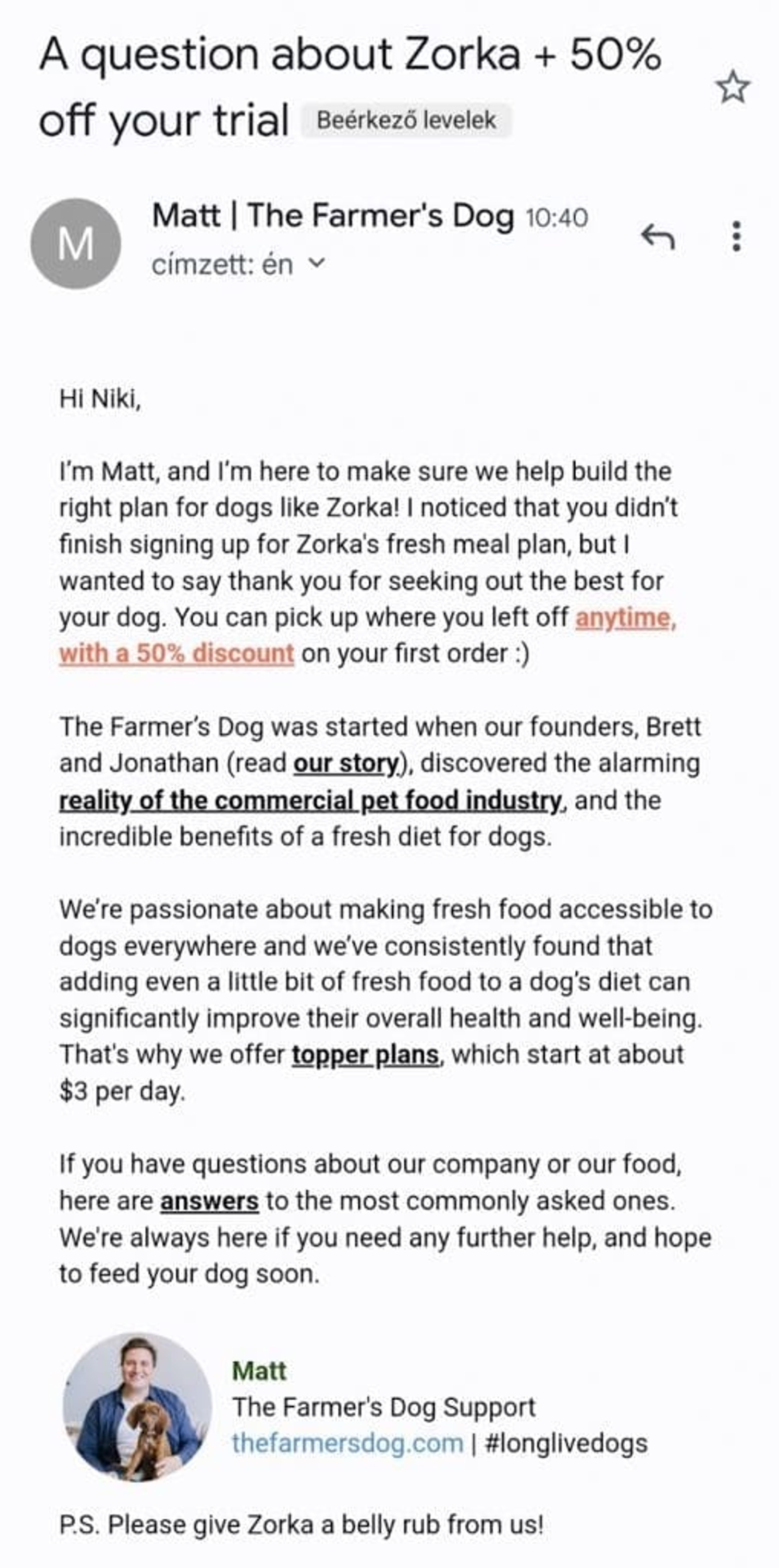 The Farmer’s Dog follow-up email