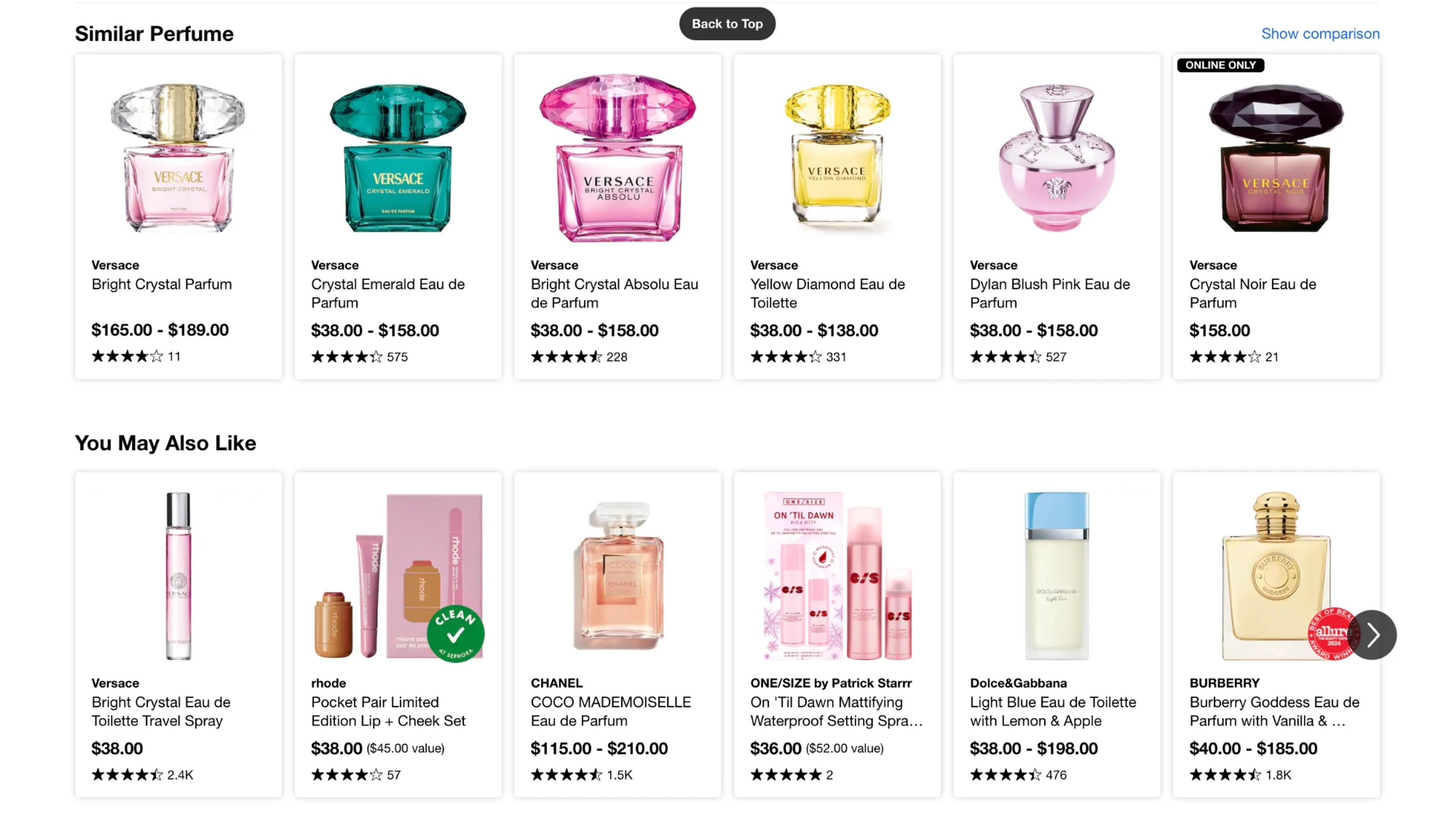 Sephora product page with a Similar Perfume row and a You May Also Like row of recommended products