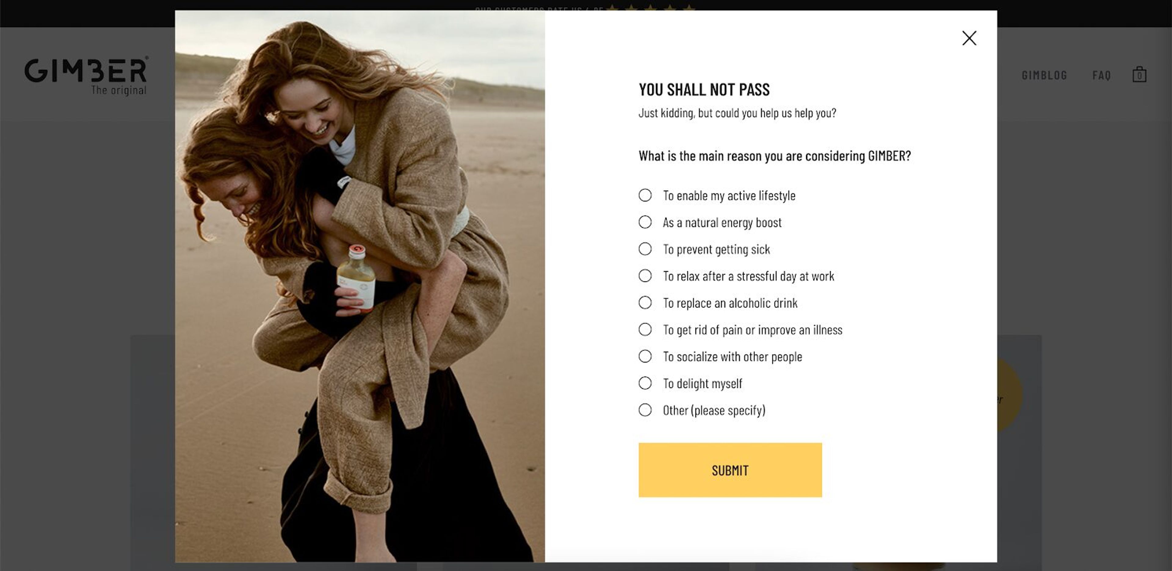 Submitting feedback on GIMBER's survey is simple, they seek to understand their visitors intention.