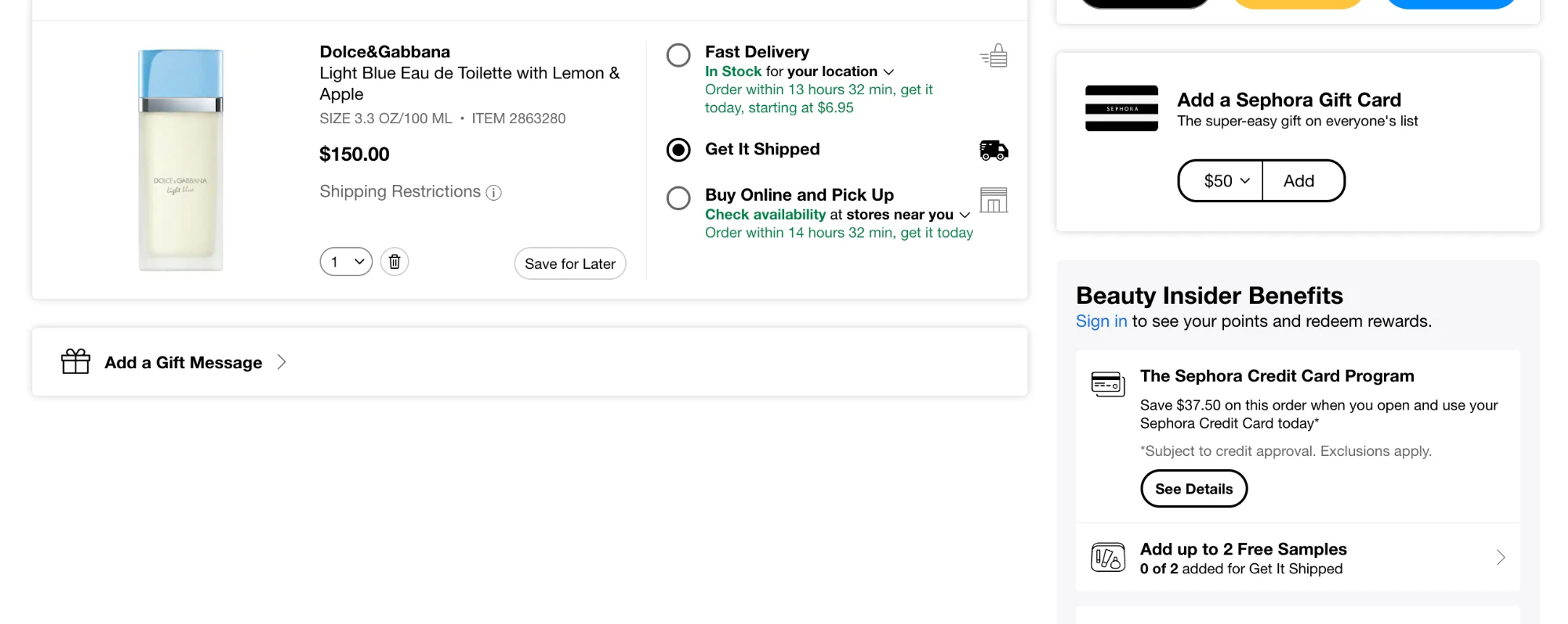 Sephora cart offering up to 2 free samples and Beauty Insider benefits, with a Save for Later button next to the product
