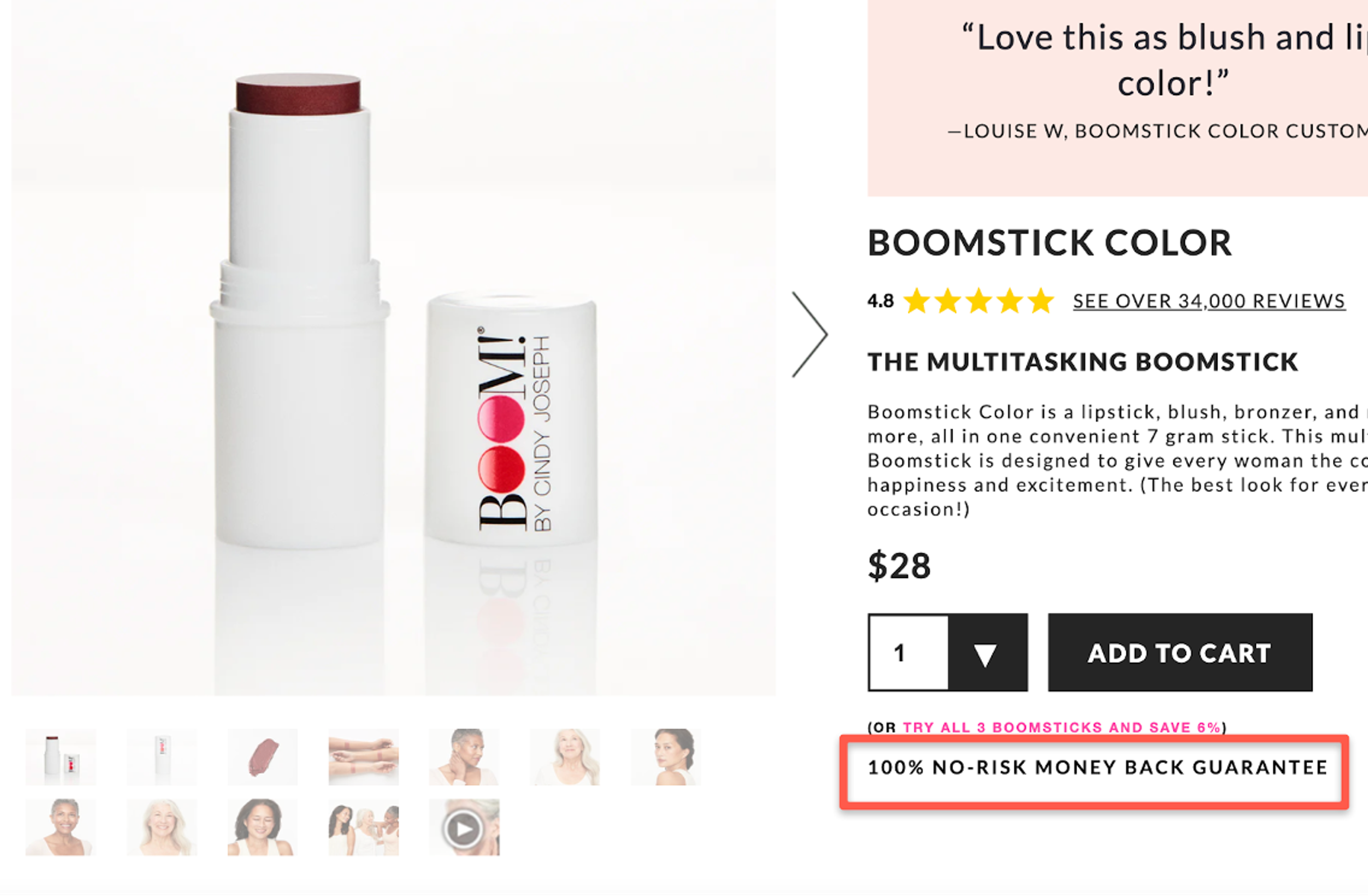 BOOM! By Cindy Joseph product page with money-back guarantee