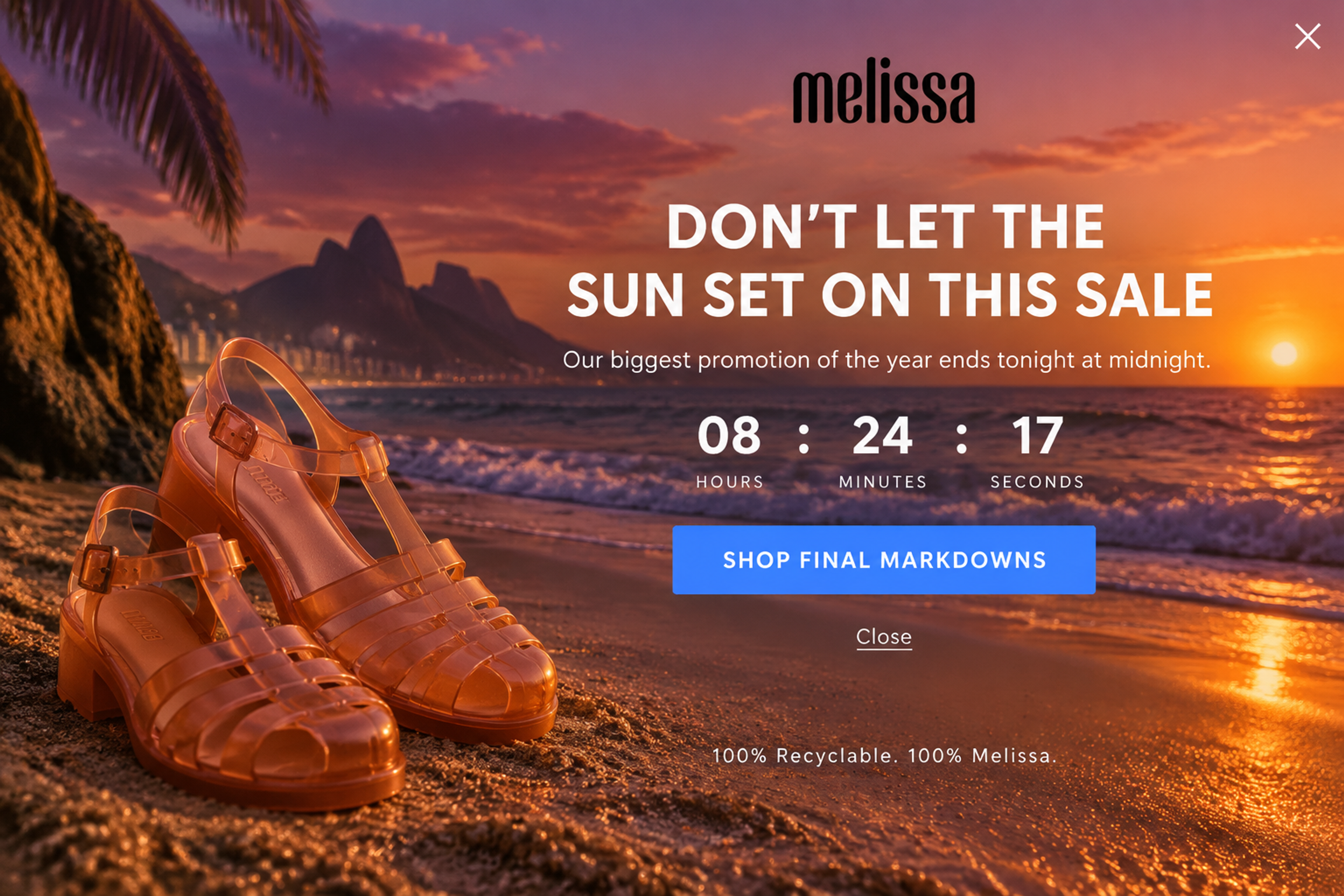 Summer sale popup with a countdown timer and the headline Don't let the sun set on this sale