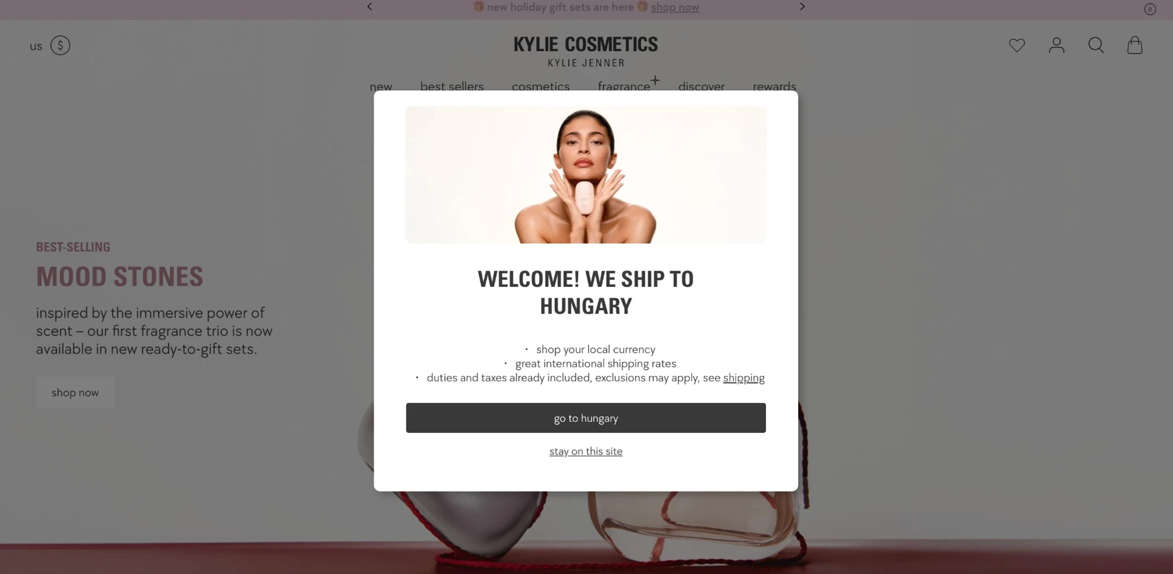 Kylie Cosmetics popup telling a visitor from Hungary that the store ships there, with local currency and duties included