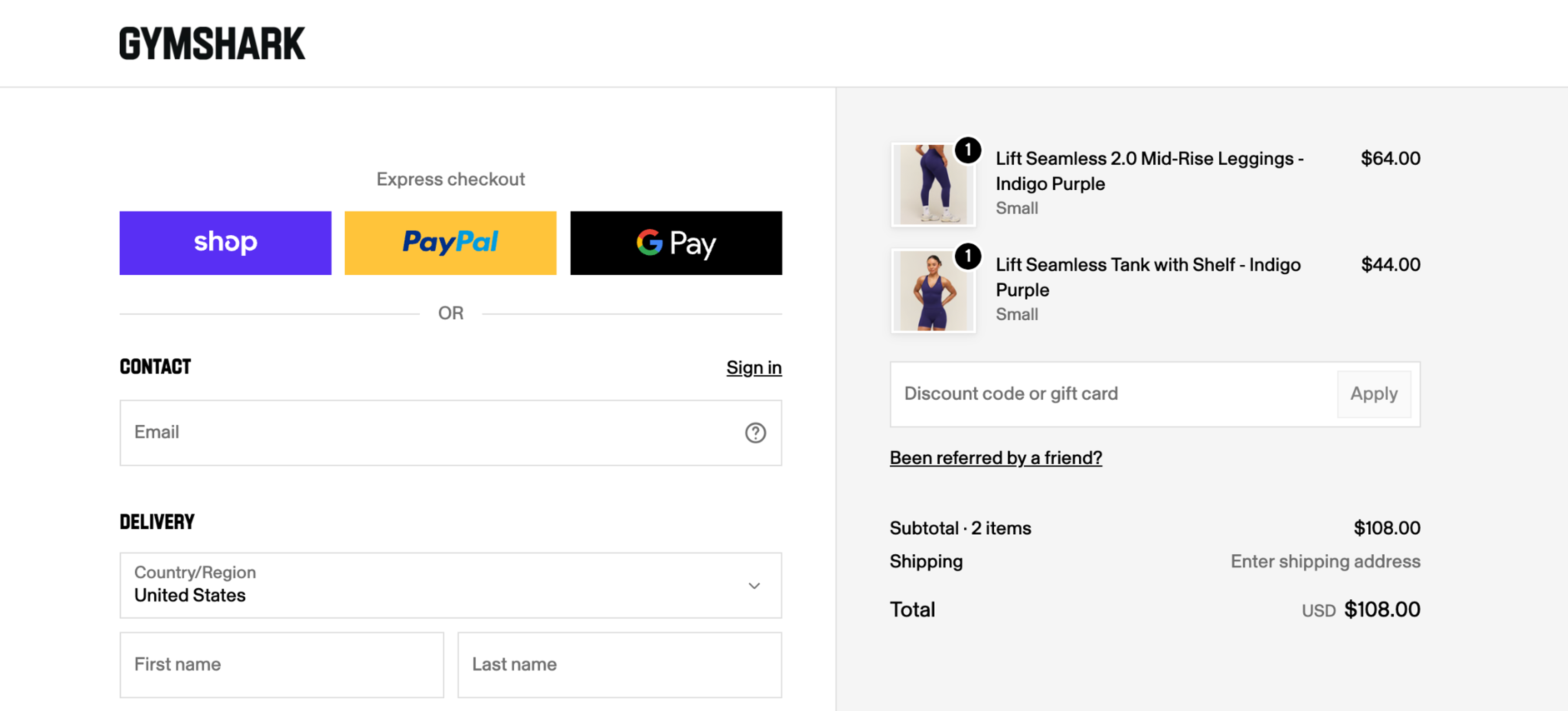 Gymshark checkout with Shop Pay, PayPal and Google Pay express checkout buttons above the form