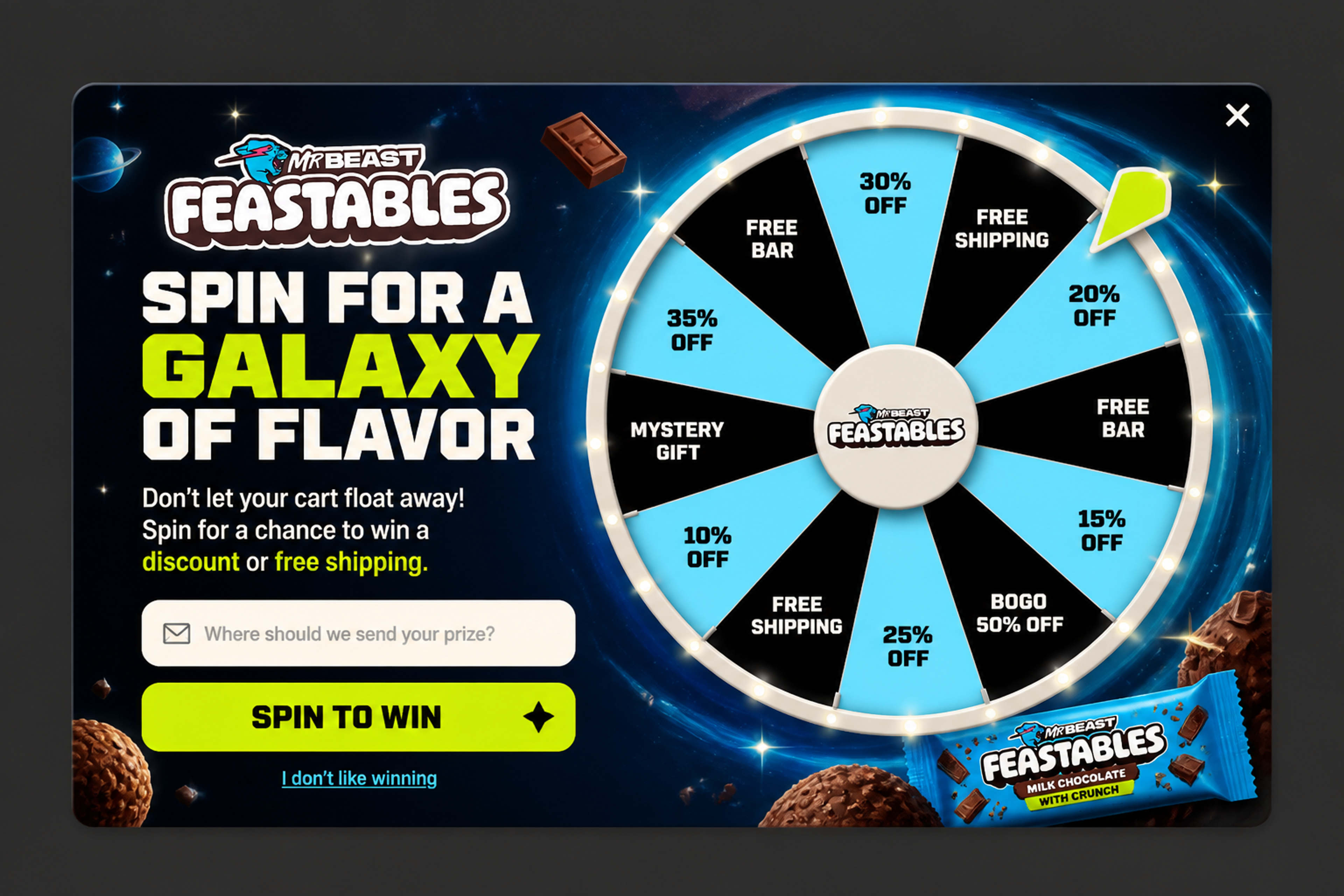 Cart-saver spin-to-win popup with the headline "Spin for a galaxy of flavor" and a blue and black wheel