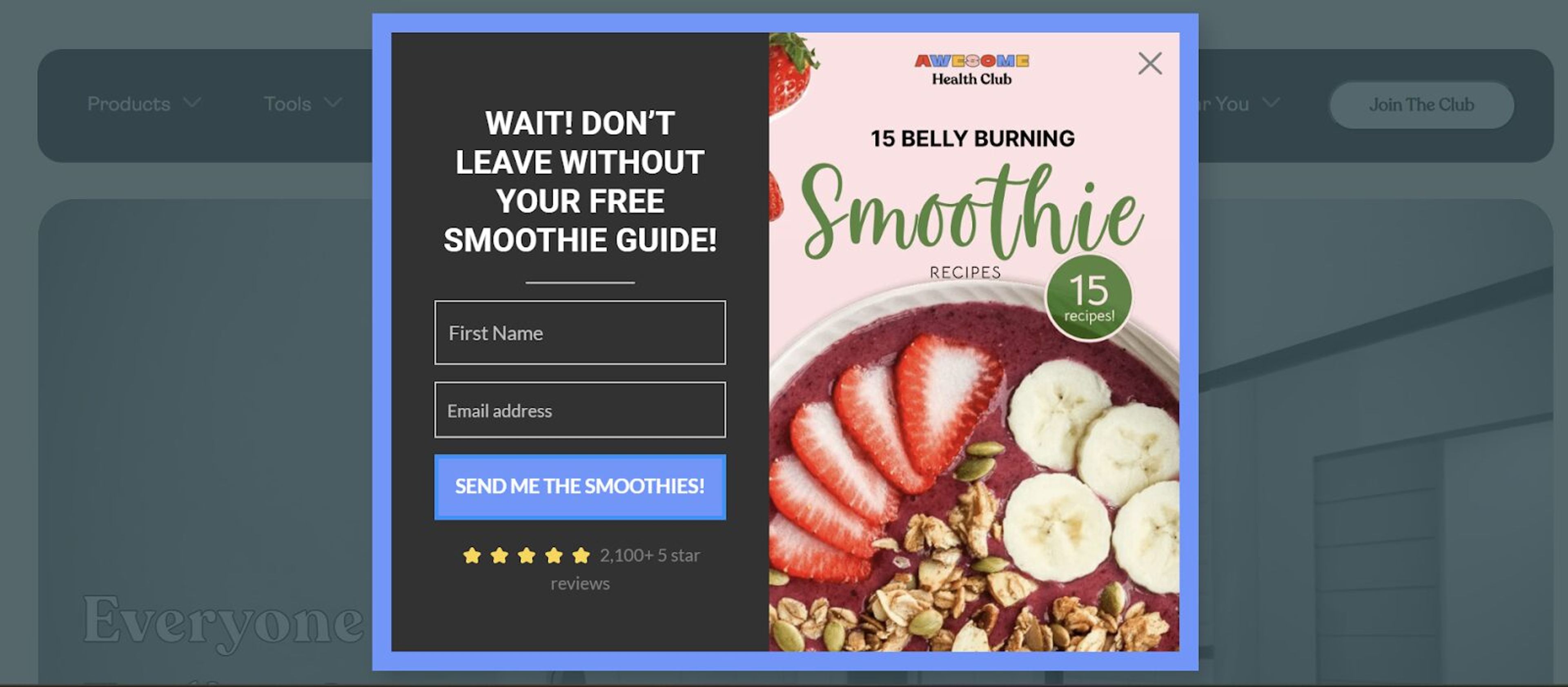 The Awesome Health Club's popup campaigns offering a complimentary smoothie guide.