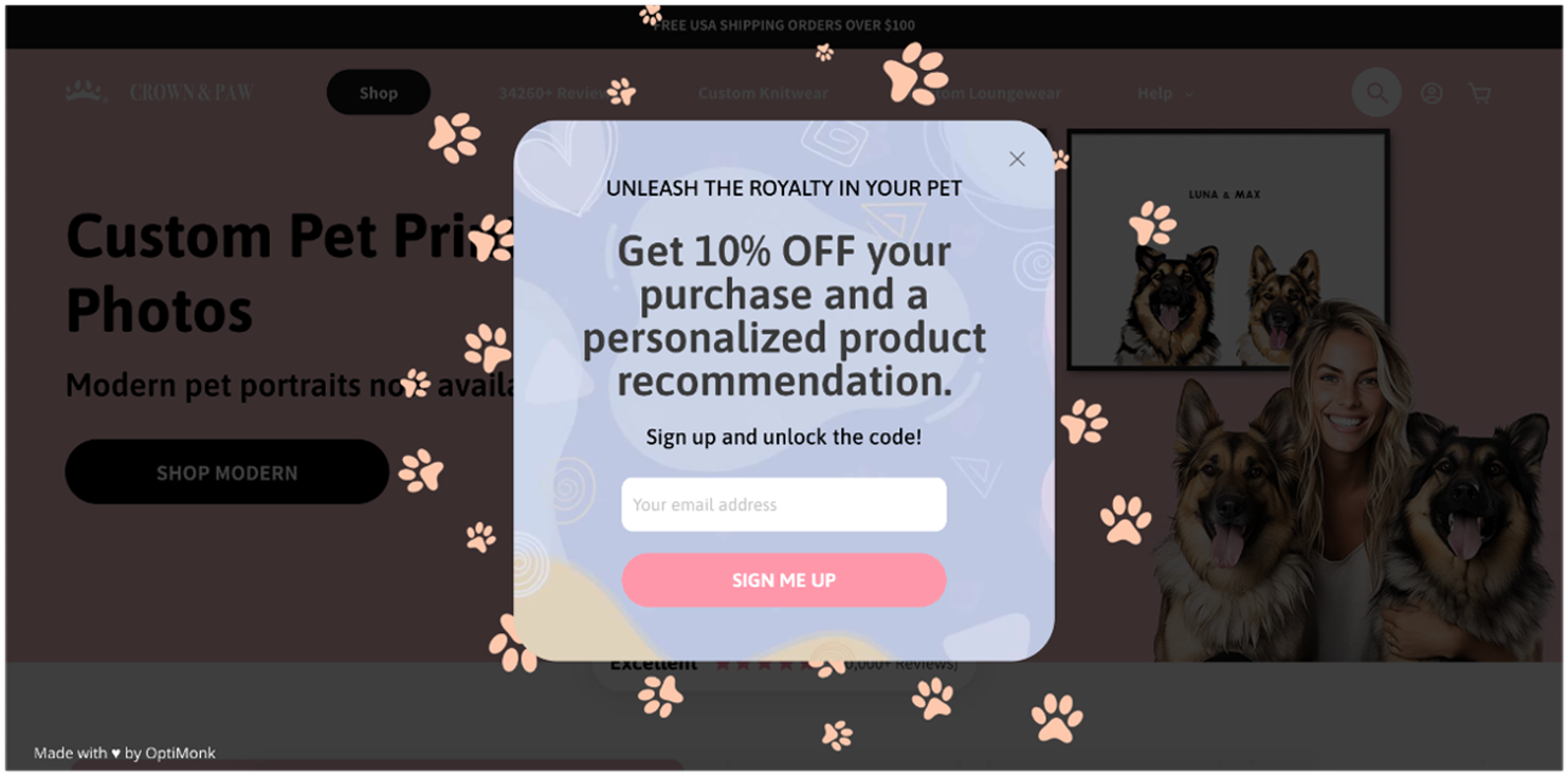 Crown &amp; Paw's segmentation popup helps to engage customers