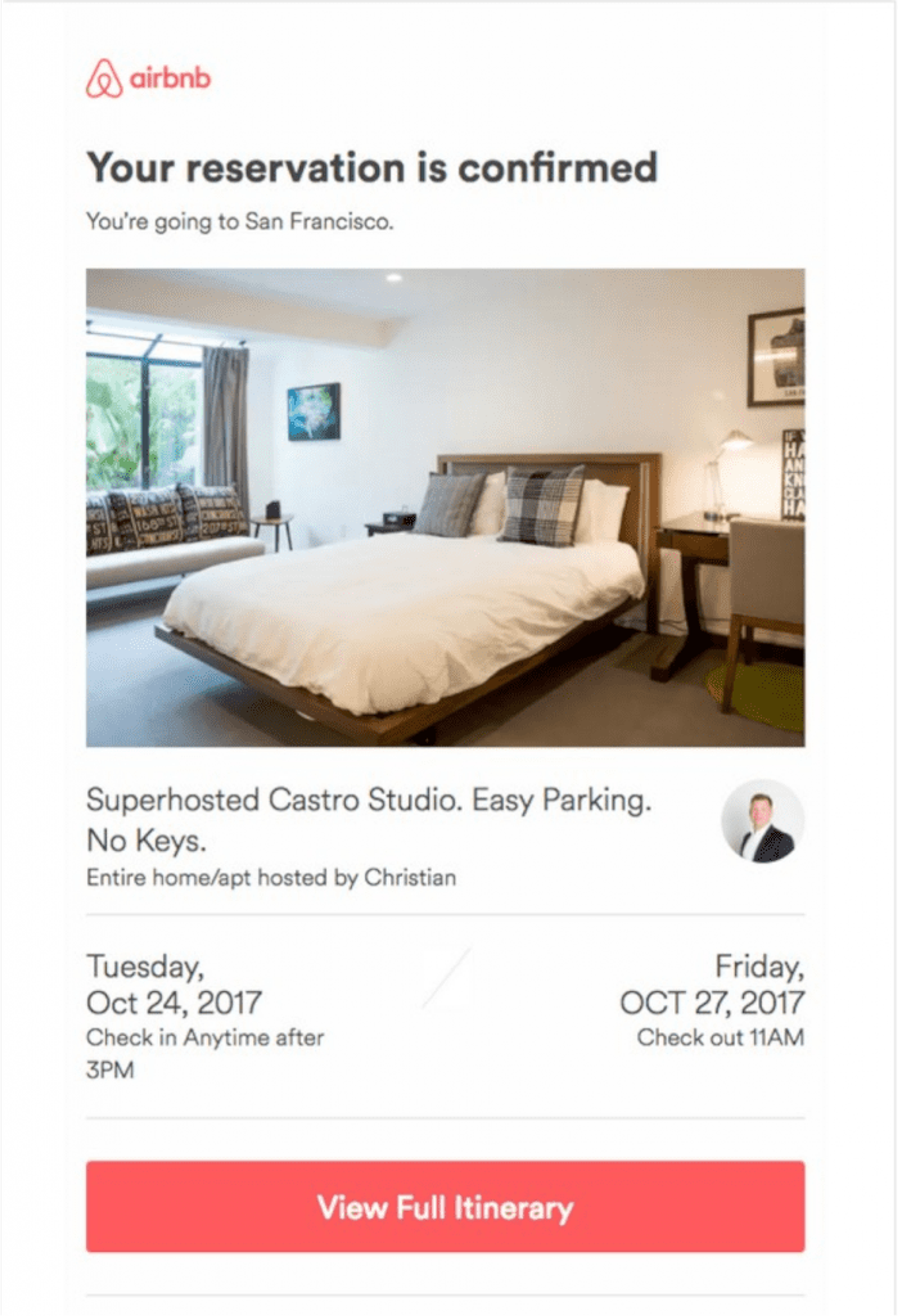 Reservation confirmation email example from Airbnb