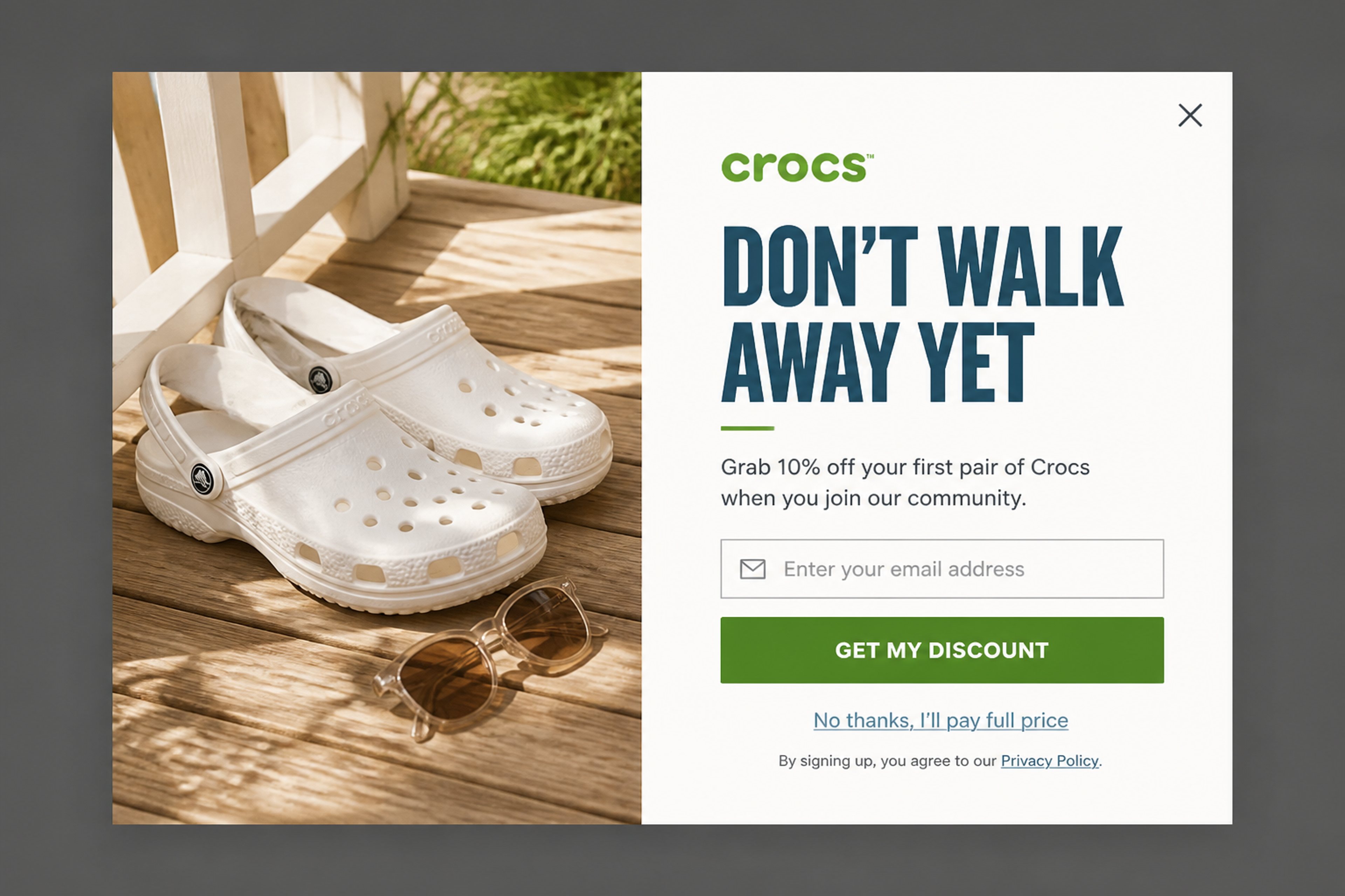 Exit-intent newsletter popup with a lifestyle photo on the left and 10% off the first pair for joining