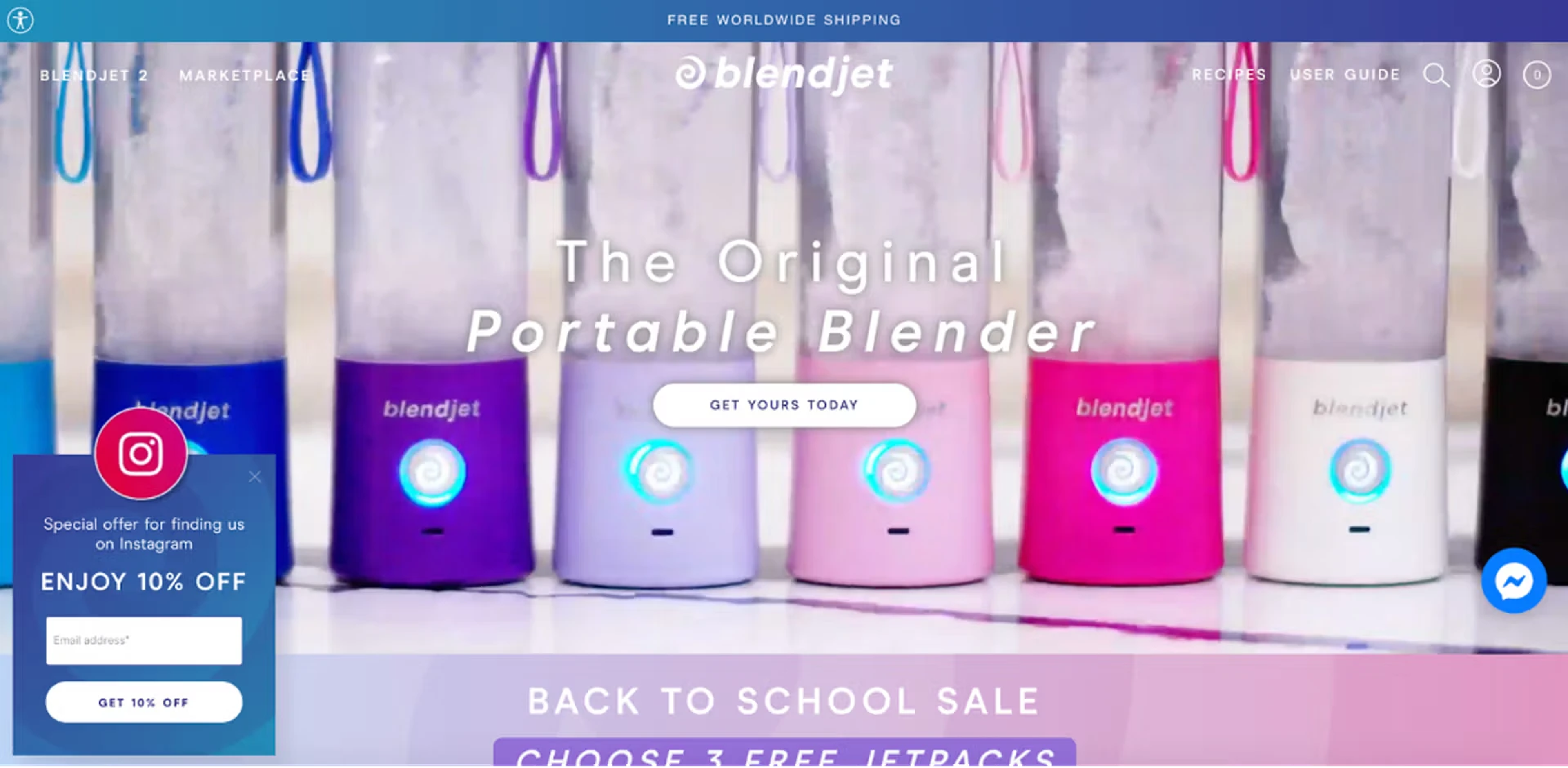 BlendJet popup for visitors from Instagram offering 10% off in exchange for an email address