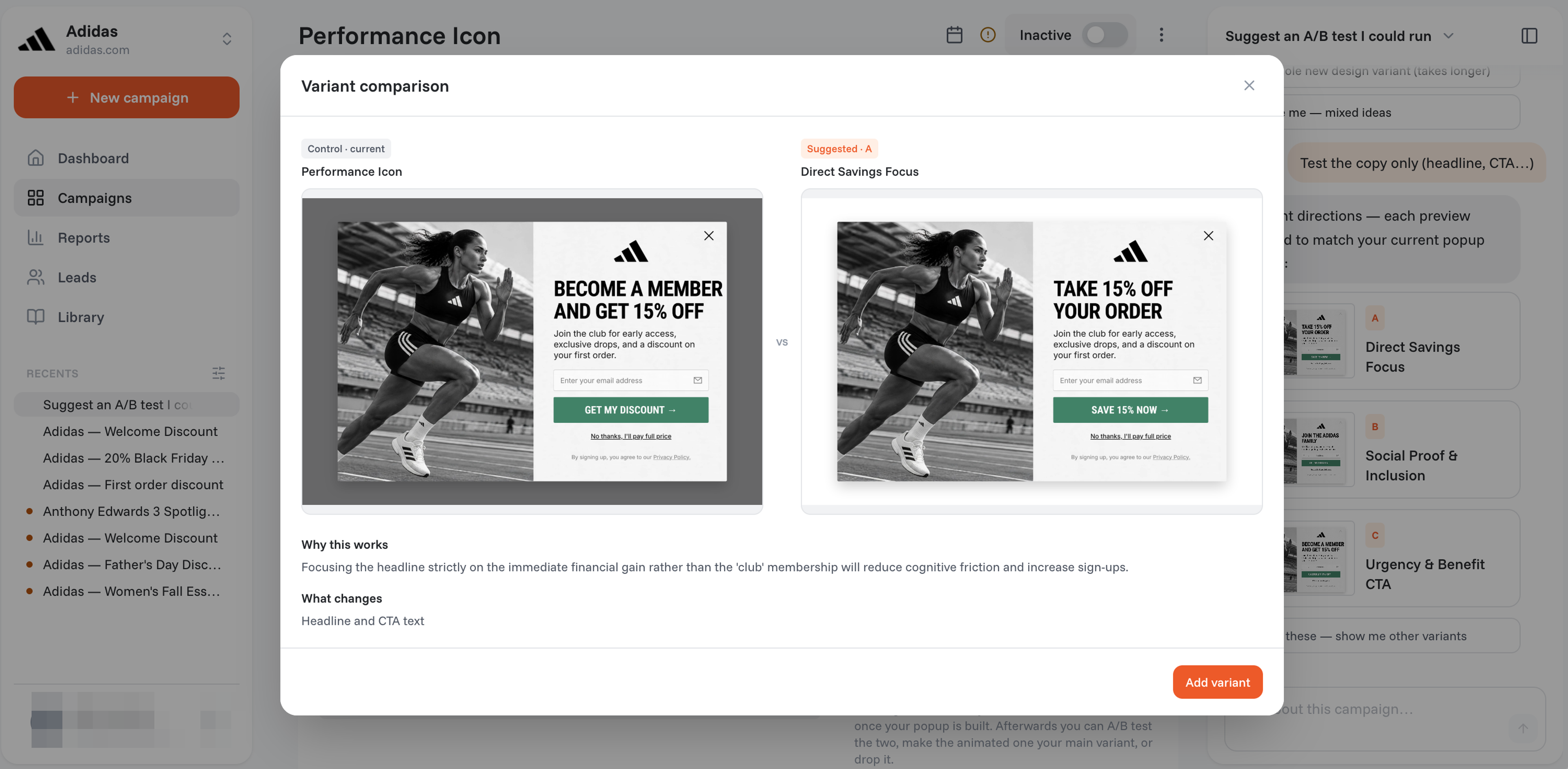 An A/B test idea from the OptiMonk agent, next to the current popup