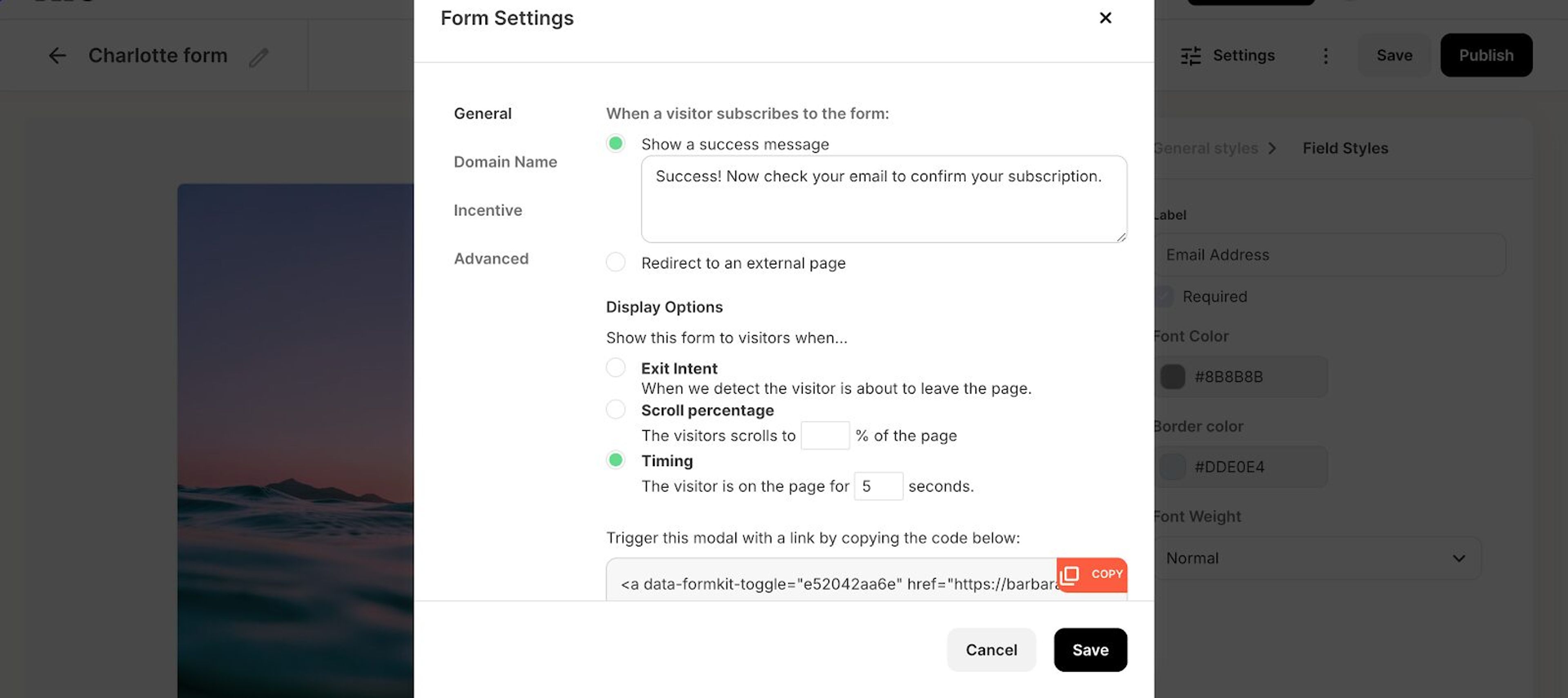You can choose from modal form, inline, slide in or sticky bar.