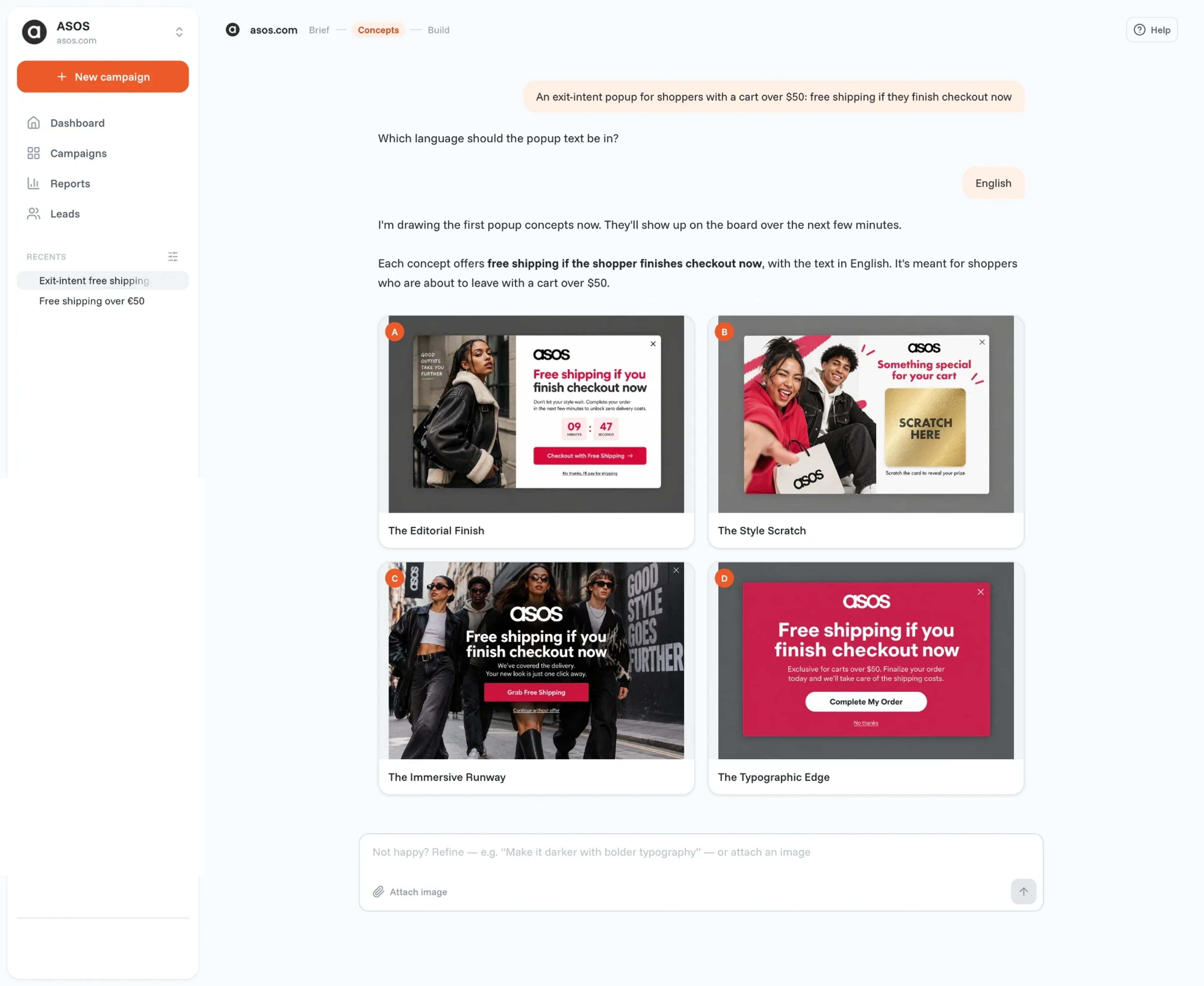 OptiMonk agent turning a one-sentence request into four exit-intent popup concepts offering free shipping on carts over $50